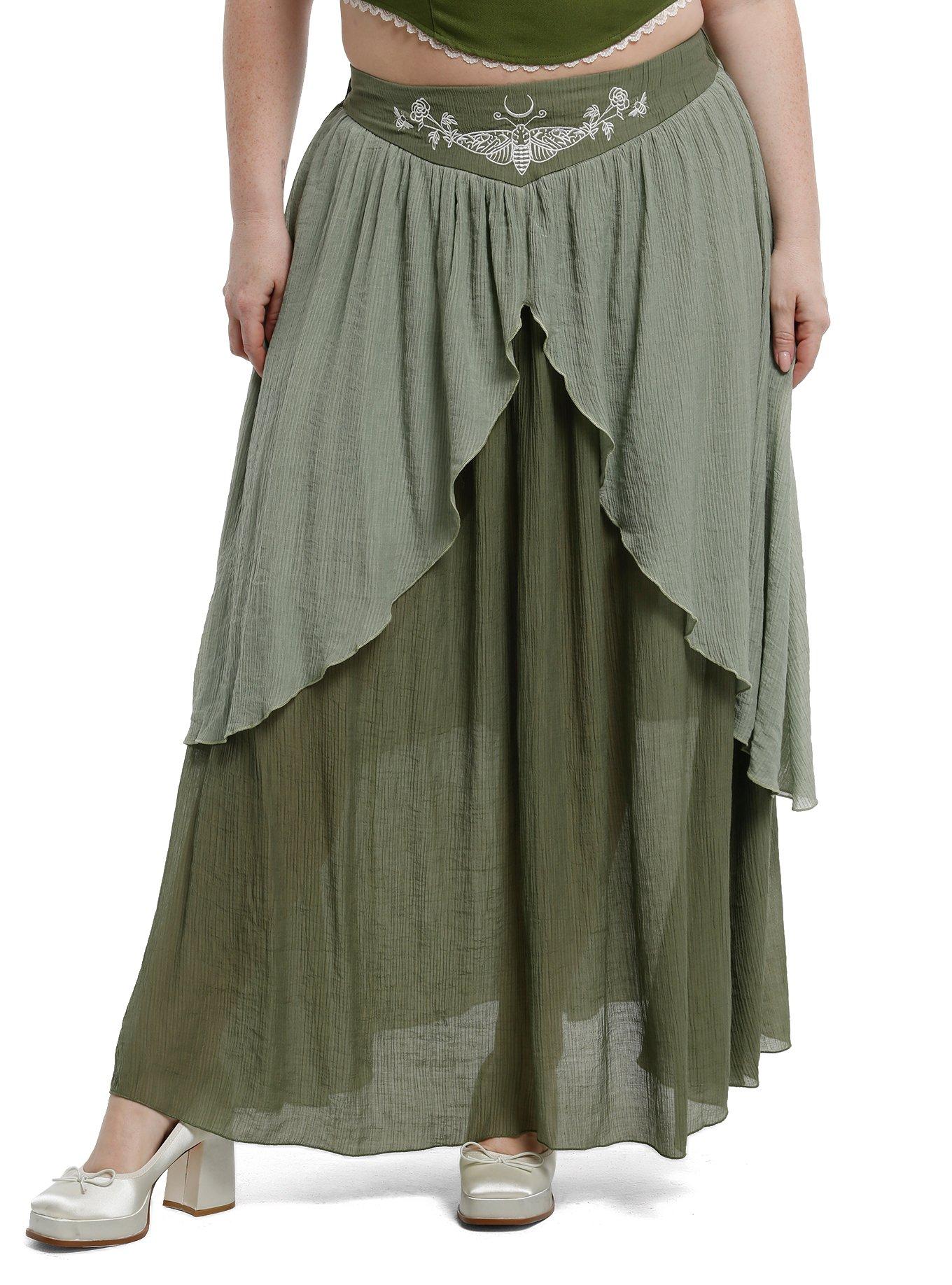 Thorn & Fable Green Moth Layered Midi Skirt Plus Size, , hi-res
