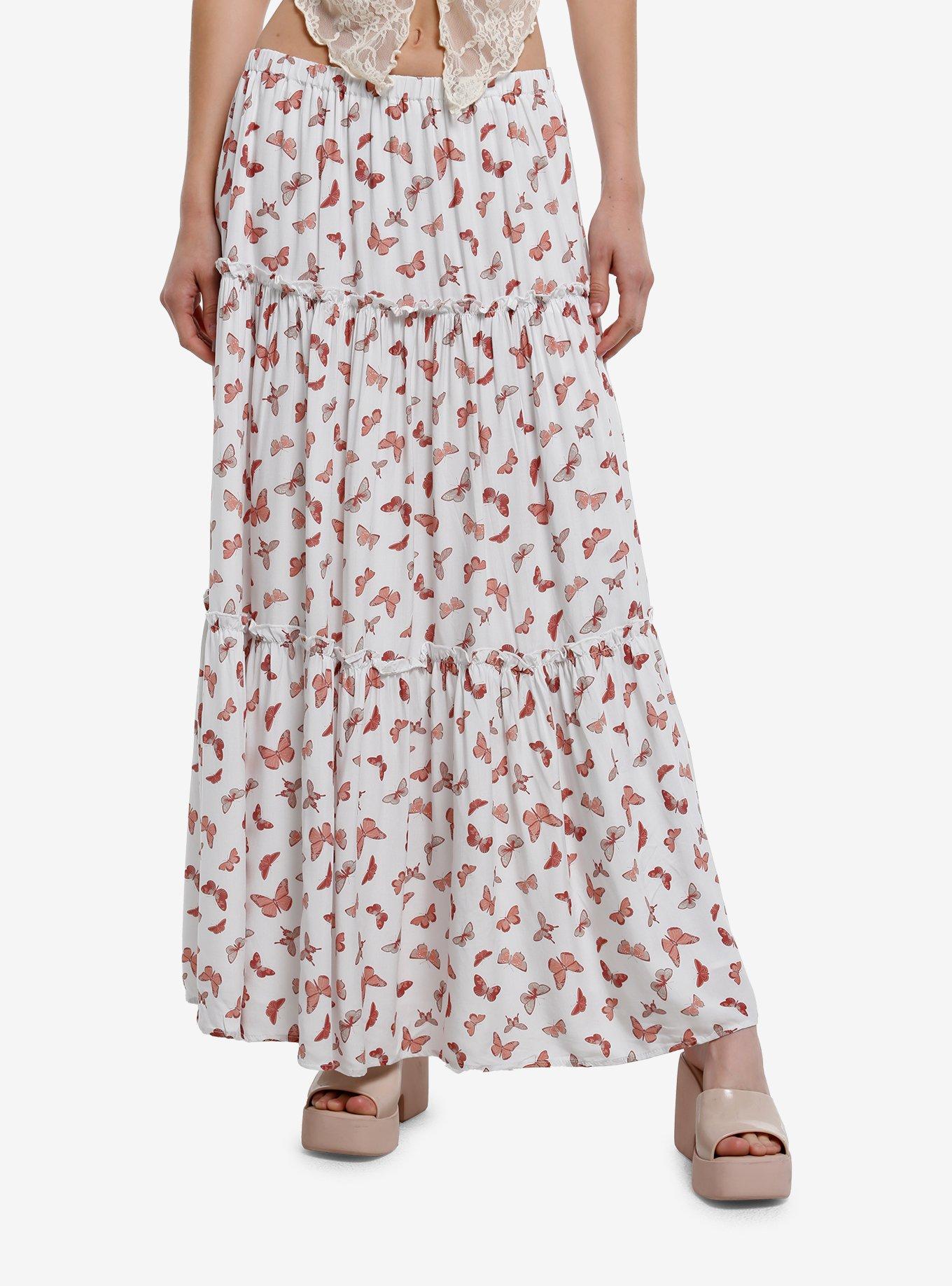 Thorn & Fable Pink Butterfly Tiered Maxi Skirt, PINK, hi-res