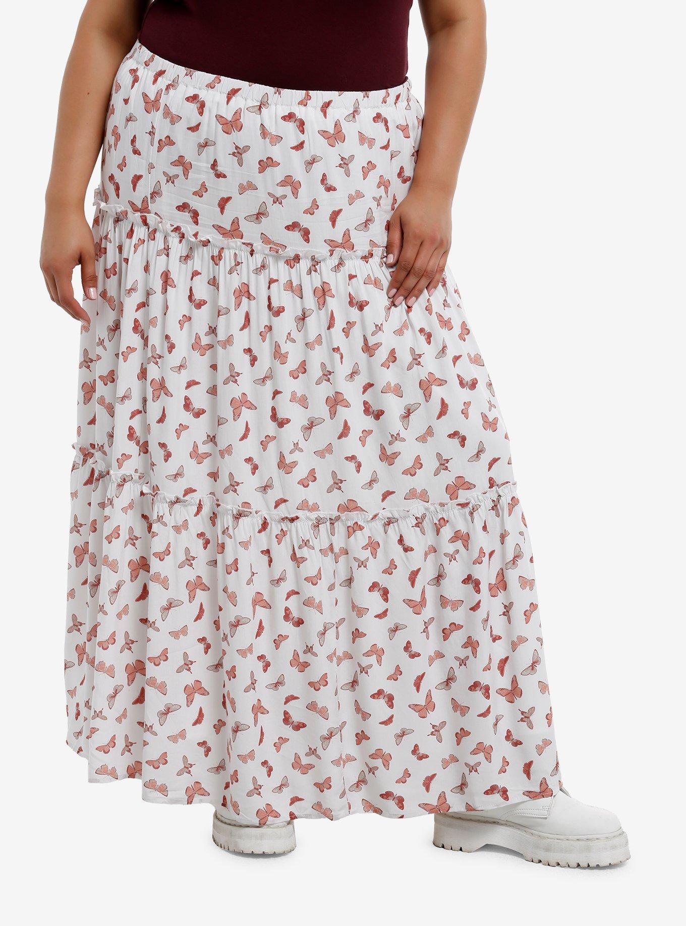 Thorn & Fable Pink Butterfly Tiered Maxi Skirt Plus Size, , hi-res
