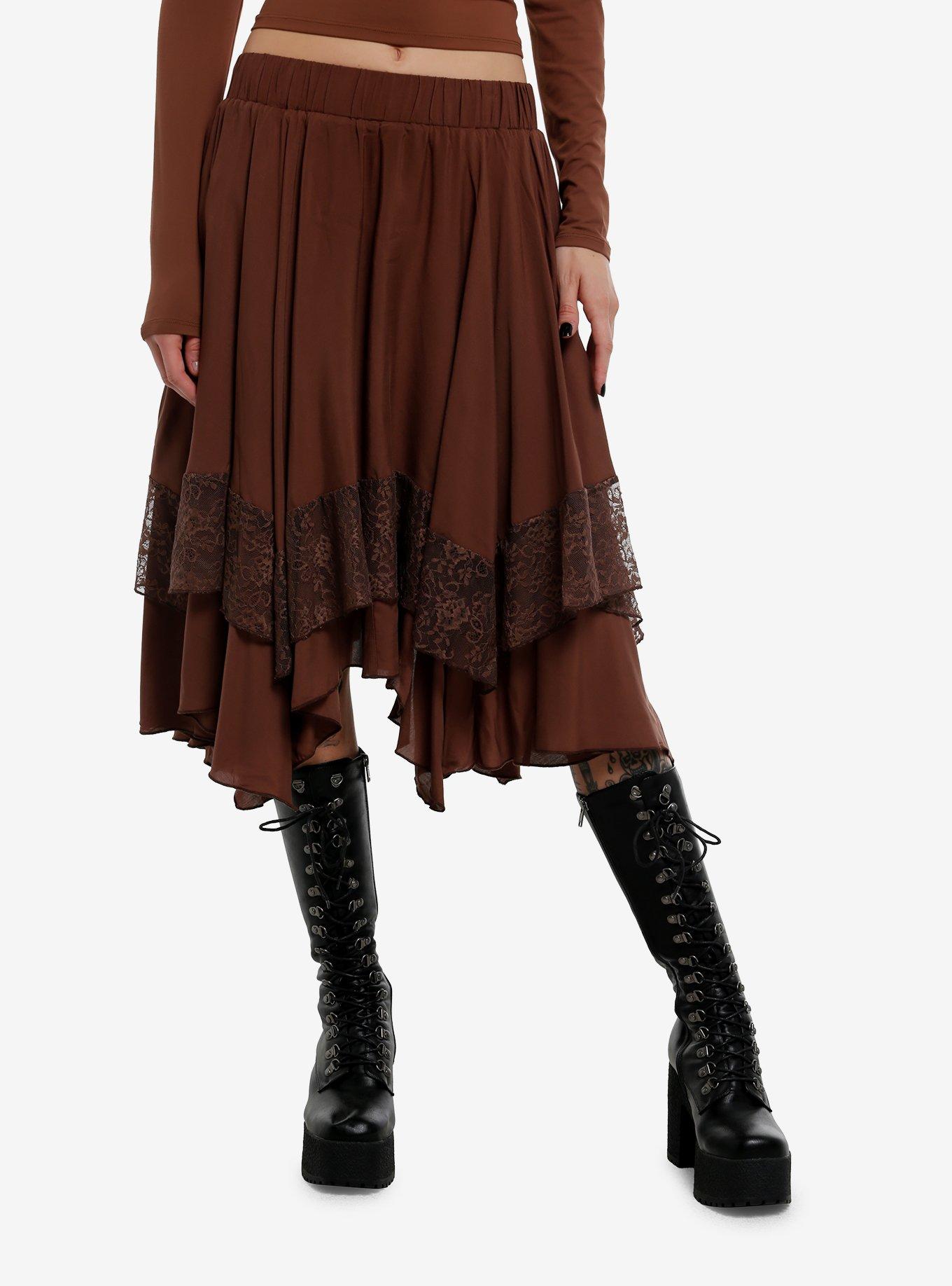 Thorn & Fable Brown Lace Tiered Hanky Hem Skirt, BROWN, hi-res