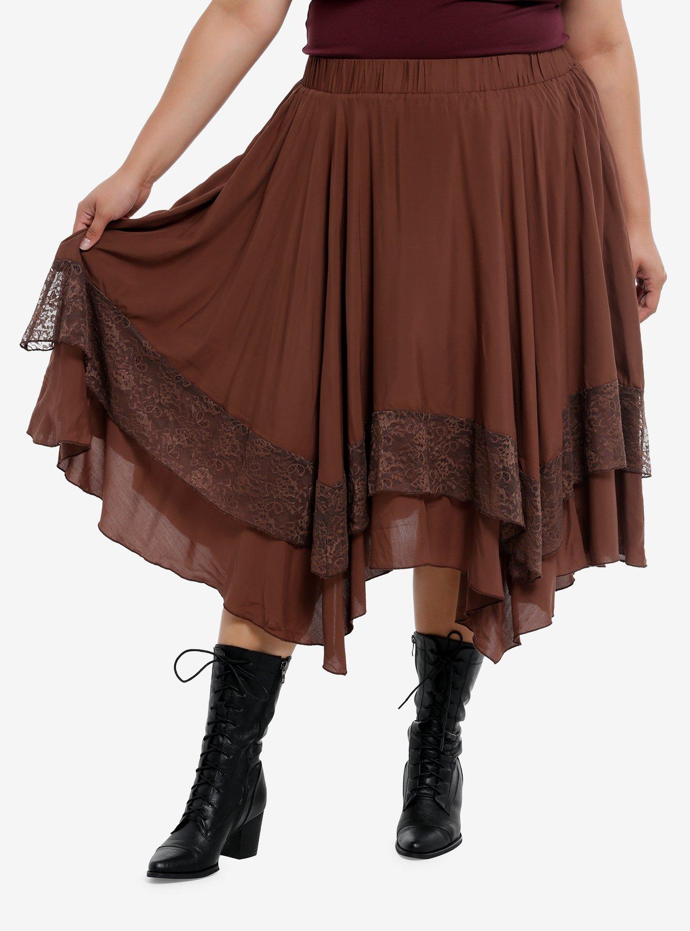 Thorn & Fable Brown Lace Tiered Hanky Hem Skirt Plus Size, , hi-res