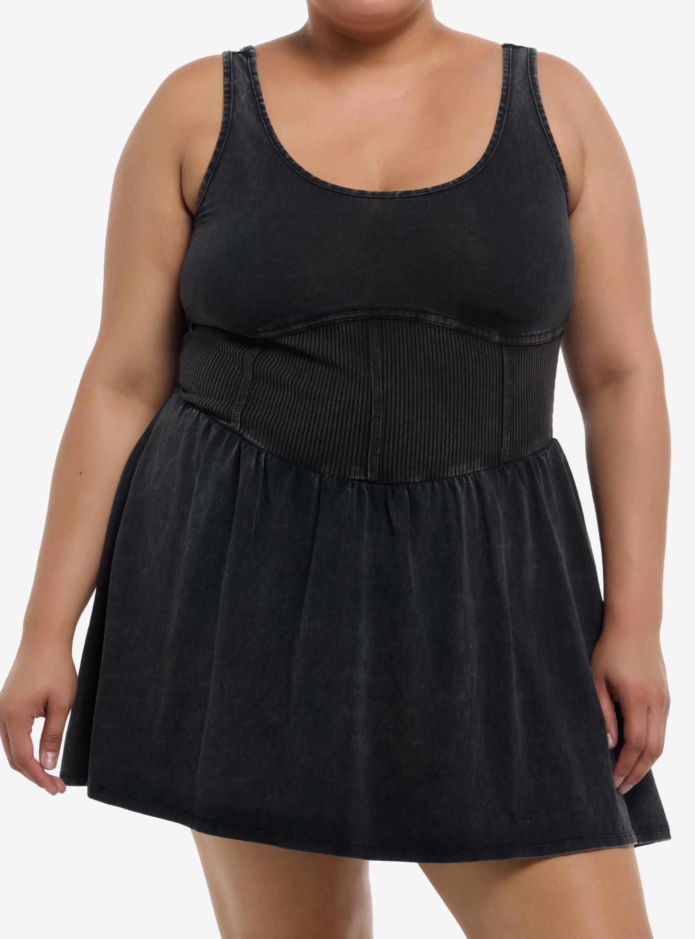 Washed Black Corset Tank Dress Plus Size, , hi-res