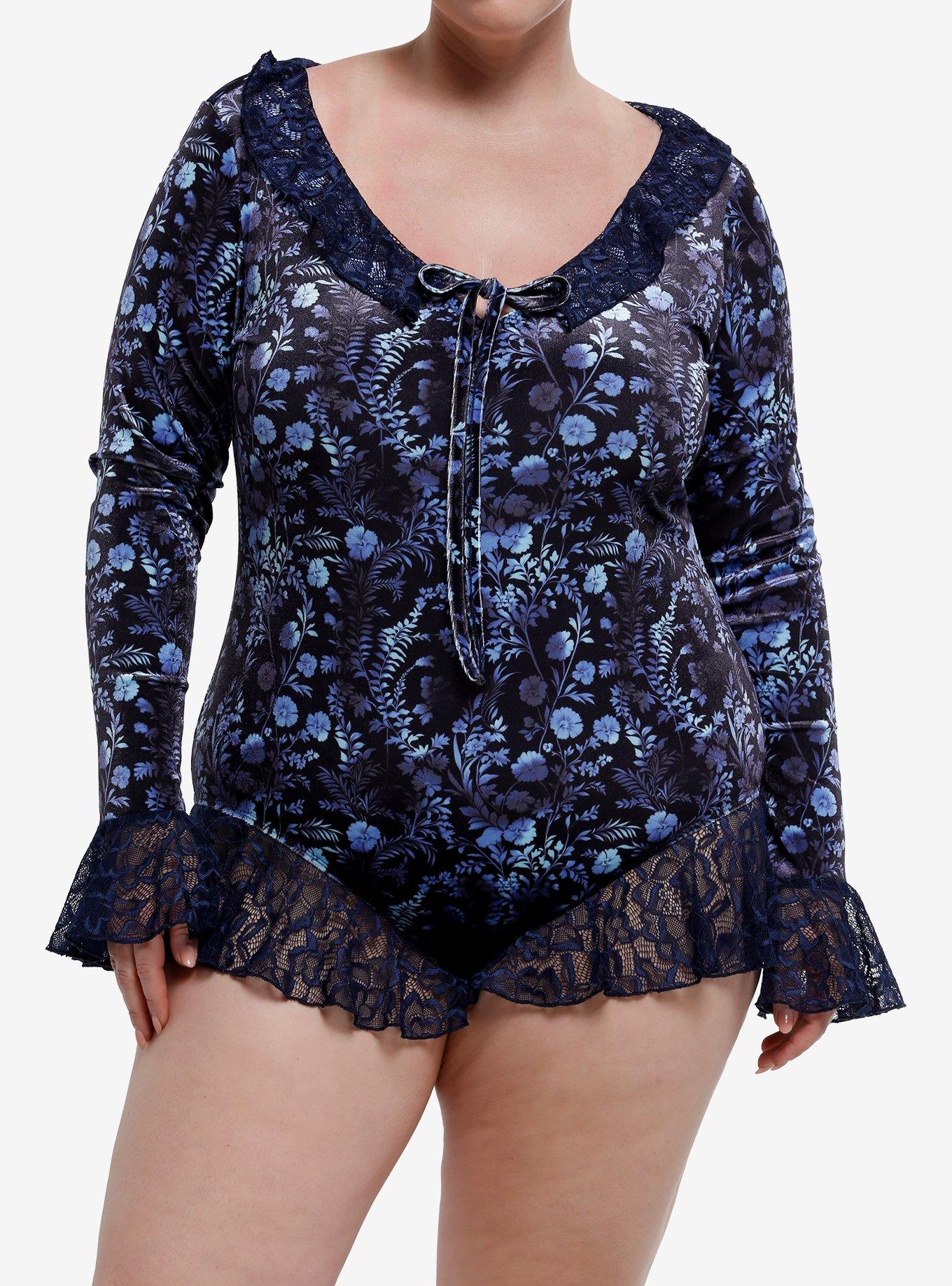 Cosmic Aura Dark Floral Lace Trim Long-Sleeve Romper Plus Size, BLUE, hi-res