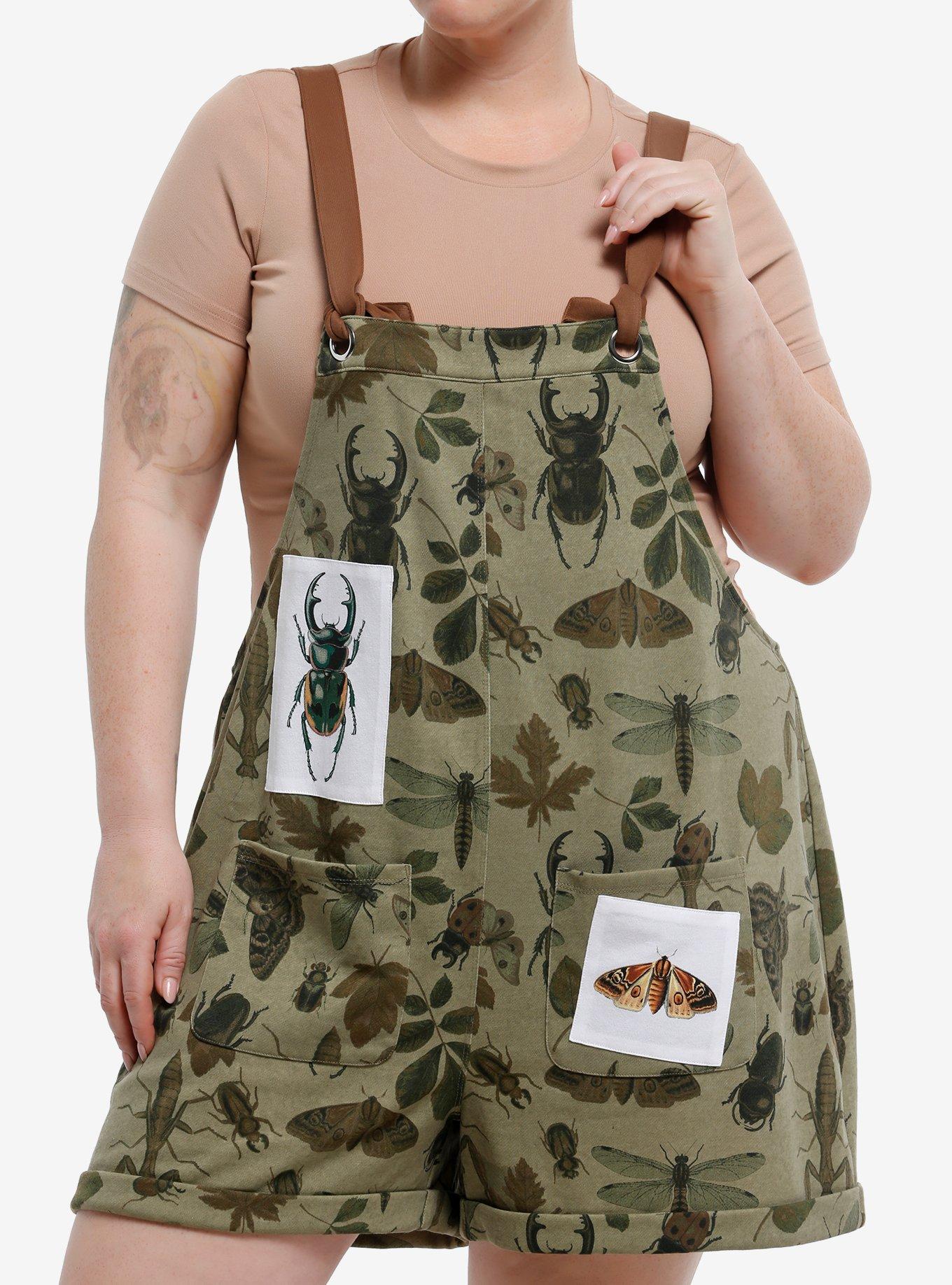 Thorn & Fable Green Insects Shortalls Plus Size, , hi-res
