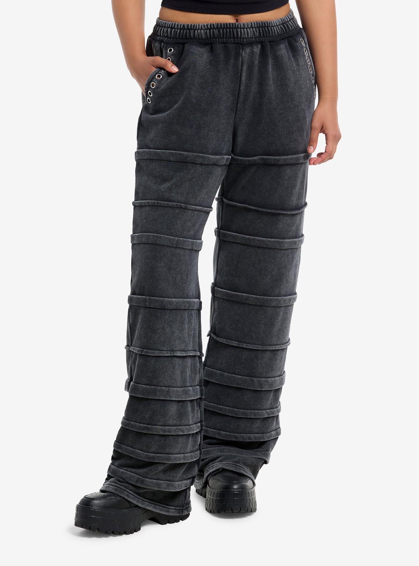 Faded Black Grommet & Seamed Wide Leg Sweatpants, , hi-res