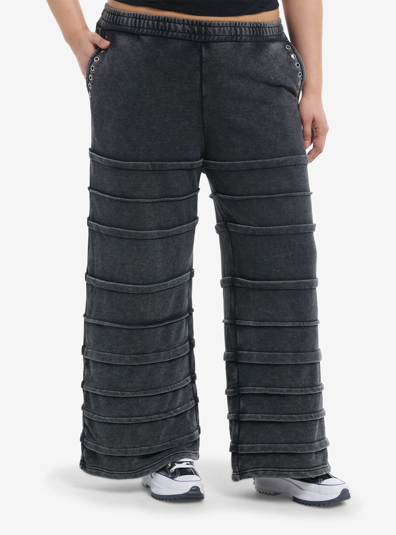 Faded Black Grommet & Seamed Wide Leg Girls Sweatpants Plus Size, , hi-res