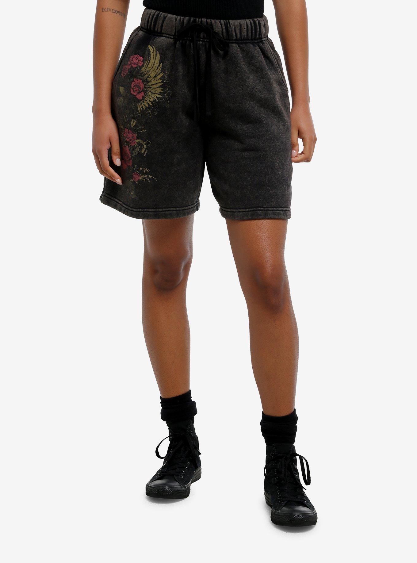 Roses & Wings Charcoal Grey Washed Girls Fleece Shorts, GOLD, hi-res