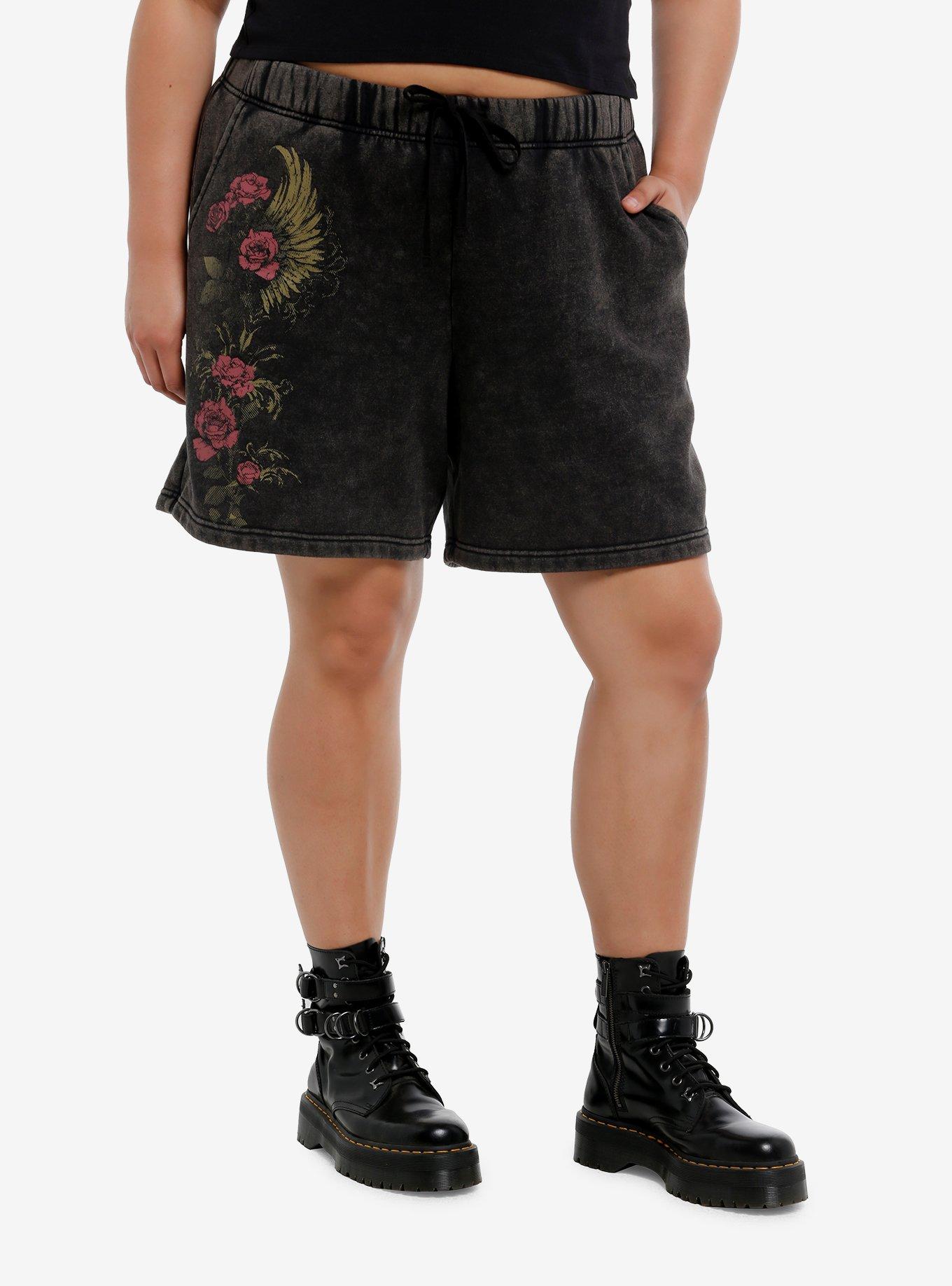Roses & Wings Charcoal Grey Washed Girls Fleece Shorts Plus Size, GOLD, hi-res