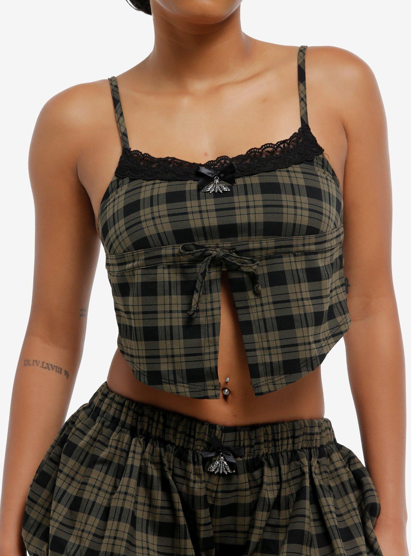 Thorn & Fable Green Plaid Moth Charm Girls Crop Cami, , hi-res