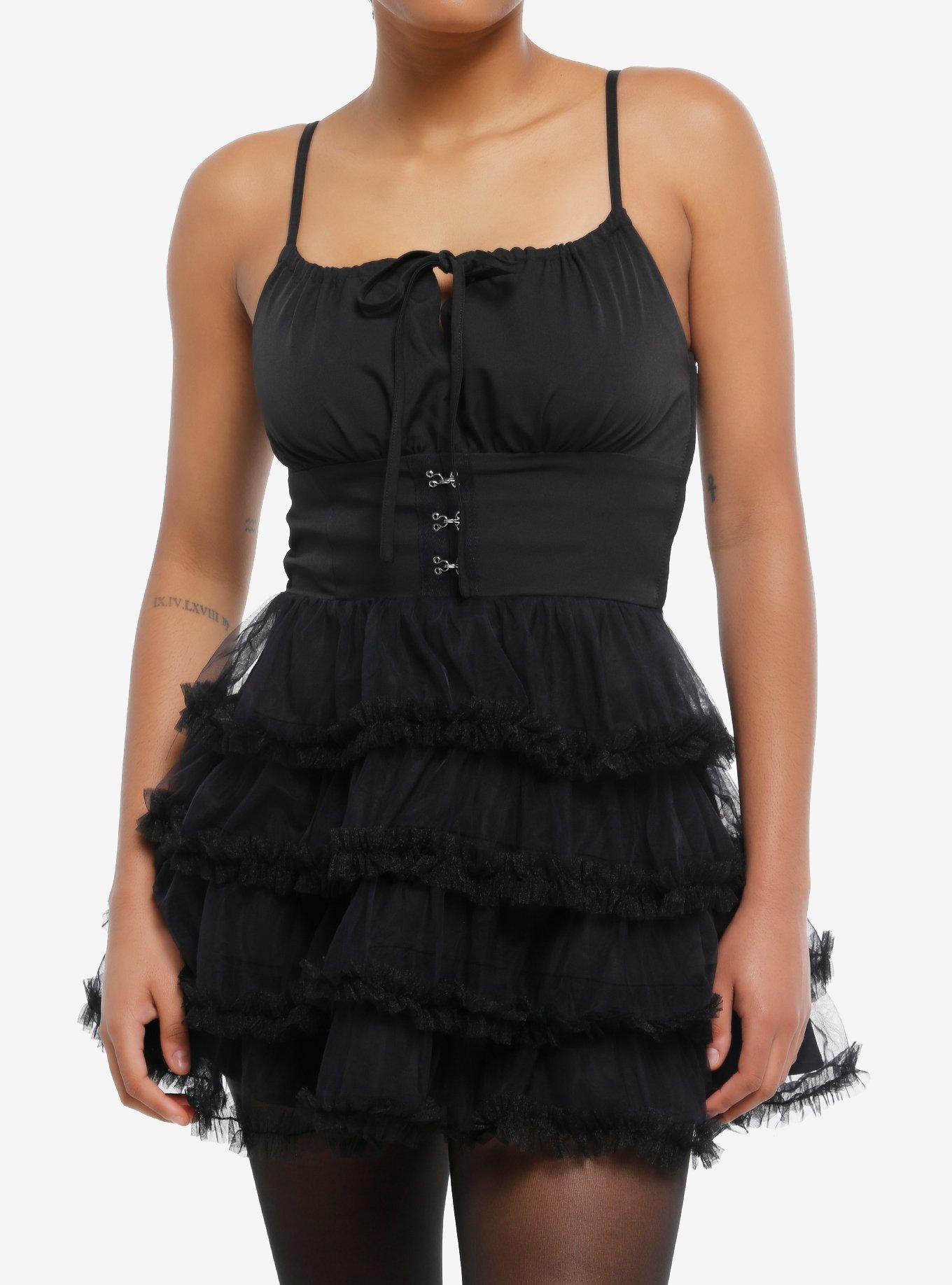 Black Corset Tiered Tulle Ruffle Cami Dress, , hi-res