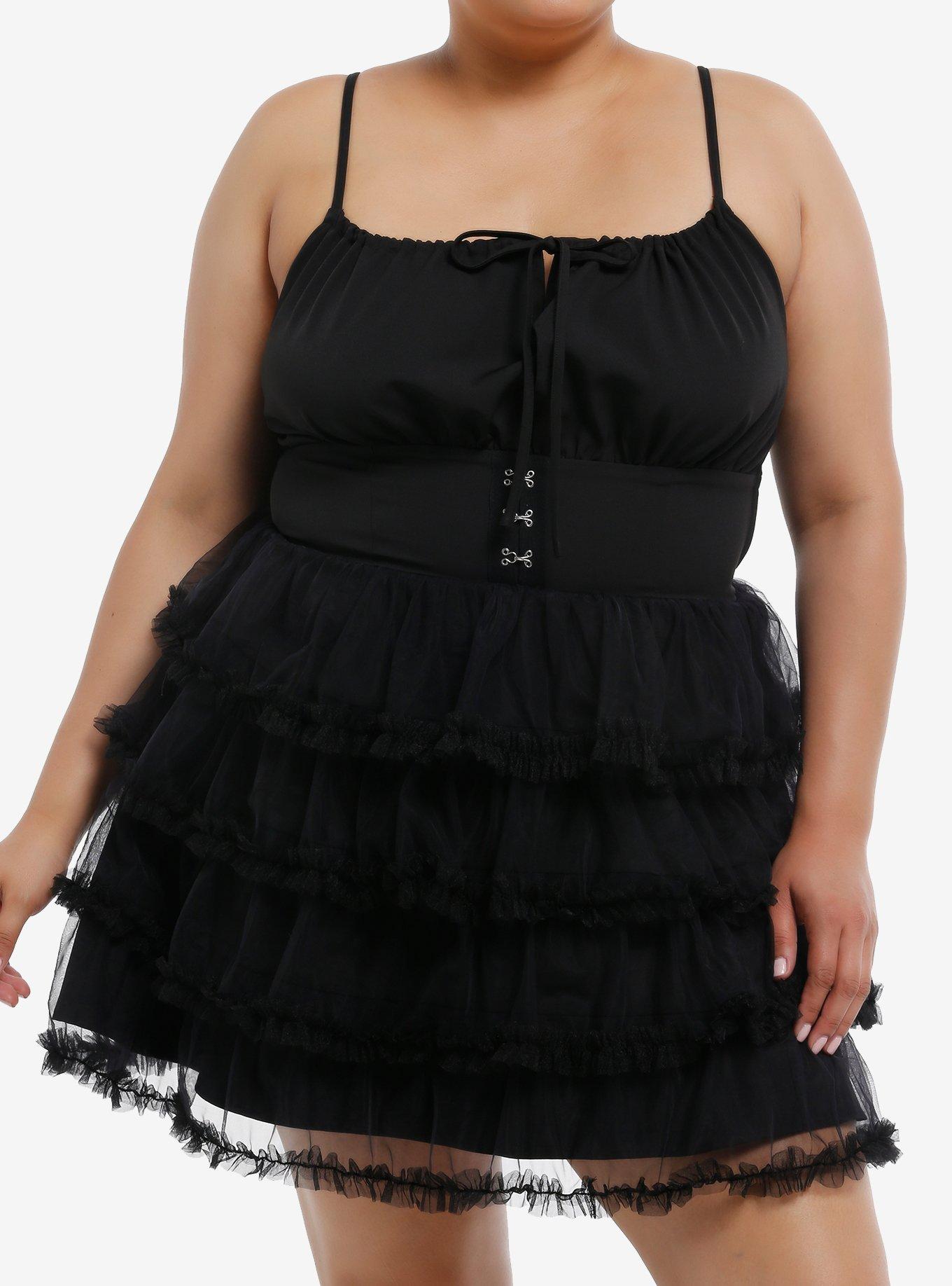 Black Corset Tiered Tulle Ruffle Cami Dress Plus Size, , hi-res