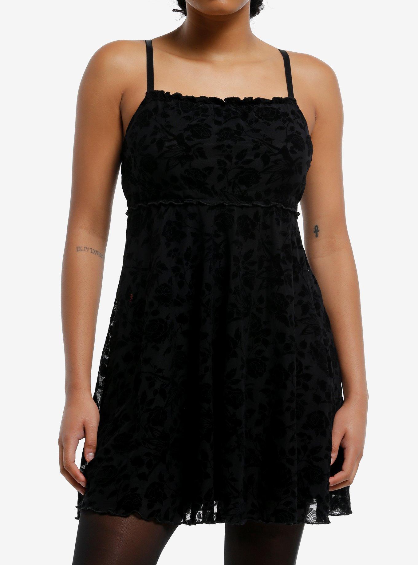 Cosmic Aura Black Fairy Floral Flocked Slip Dress, , hi-res