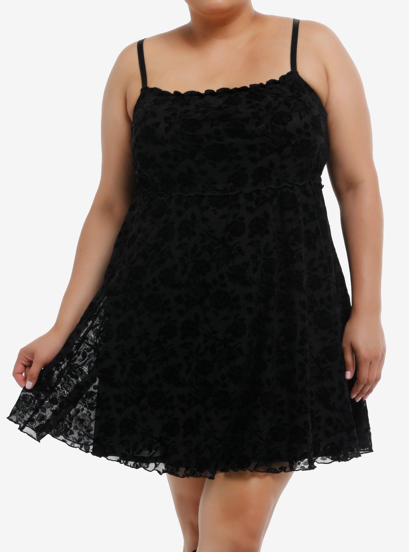 Cosmic Aura Black Fairy Floral Flocked Slip Dress Plus Size, BROWN, hi-res