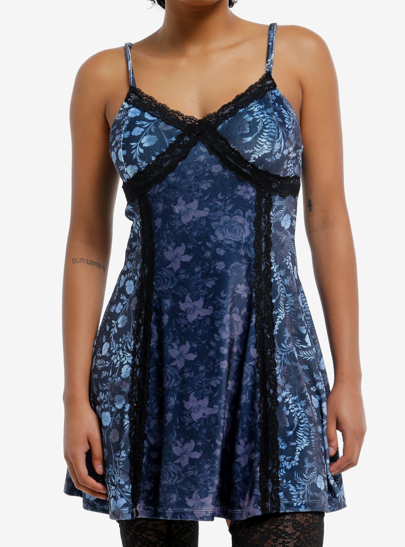 Cosmic Aura Blue Floral Lace Velvet Slip Dress, , hi-res