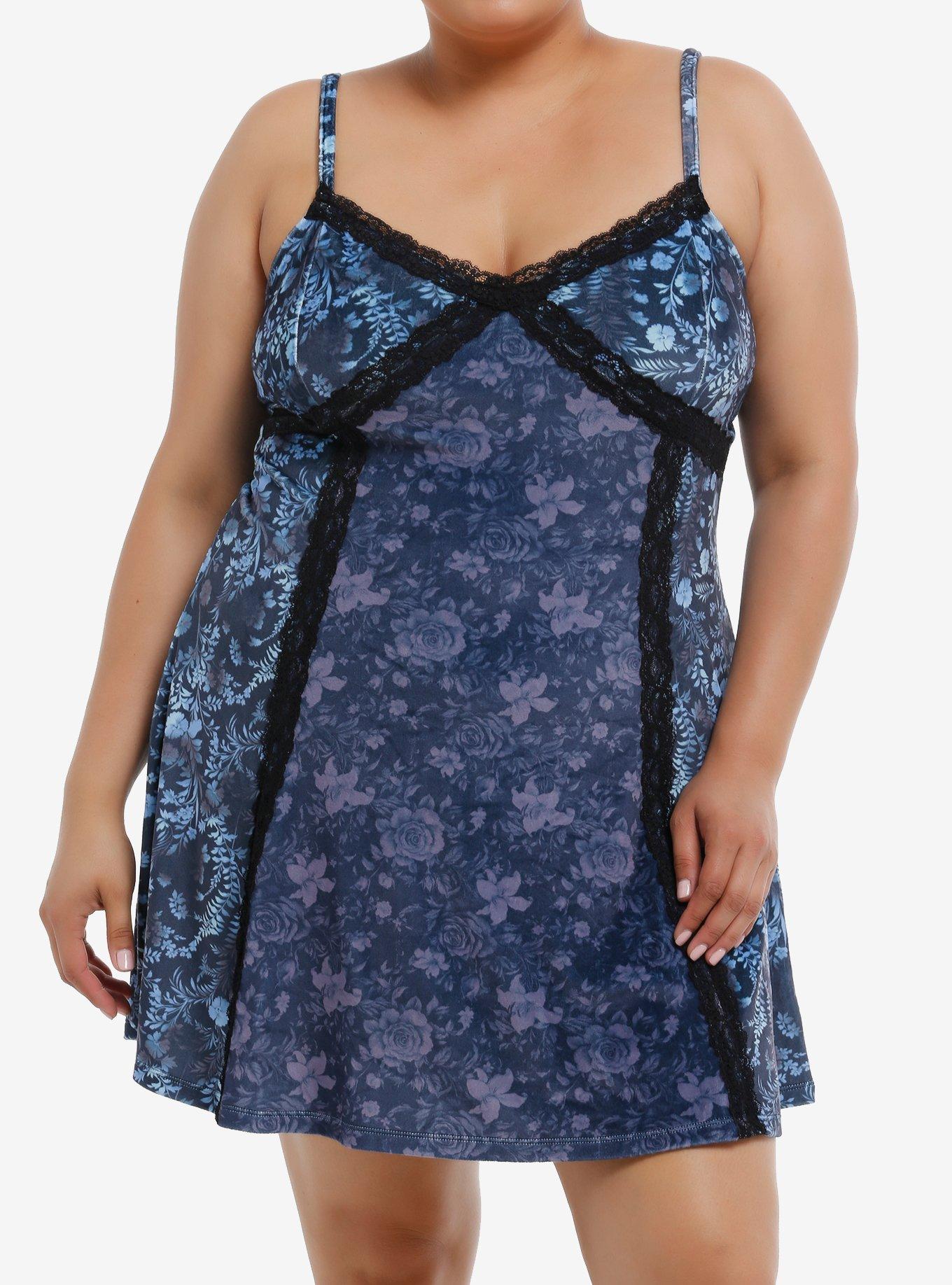Cosmic Aura Blue Floral Lace Velvet Slip Dress Plus Size, , hi-res