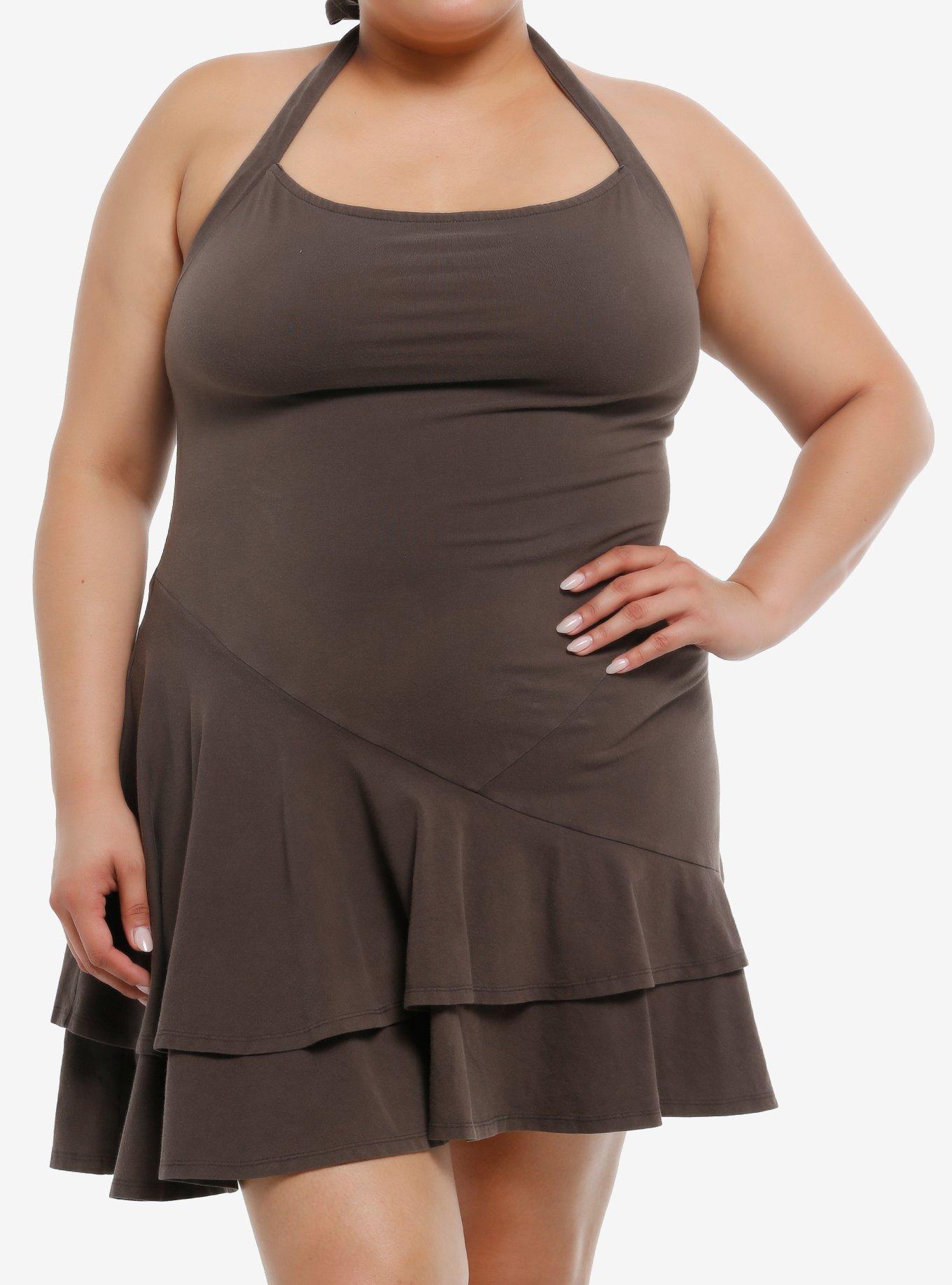 Light Brown Ruffled Halter Mini Dress Plus Size, , hi-res