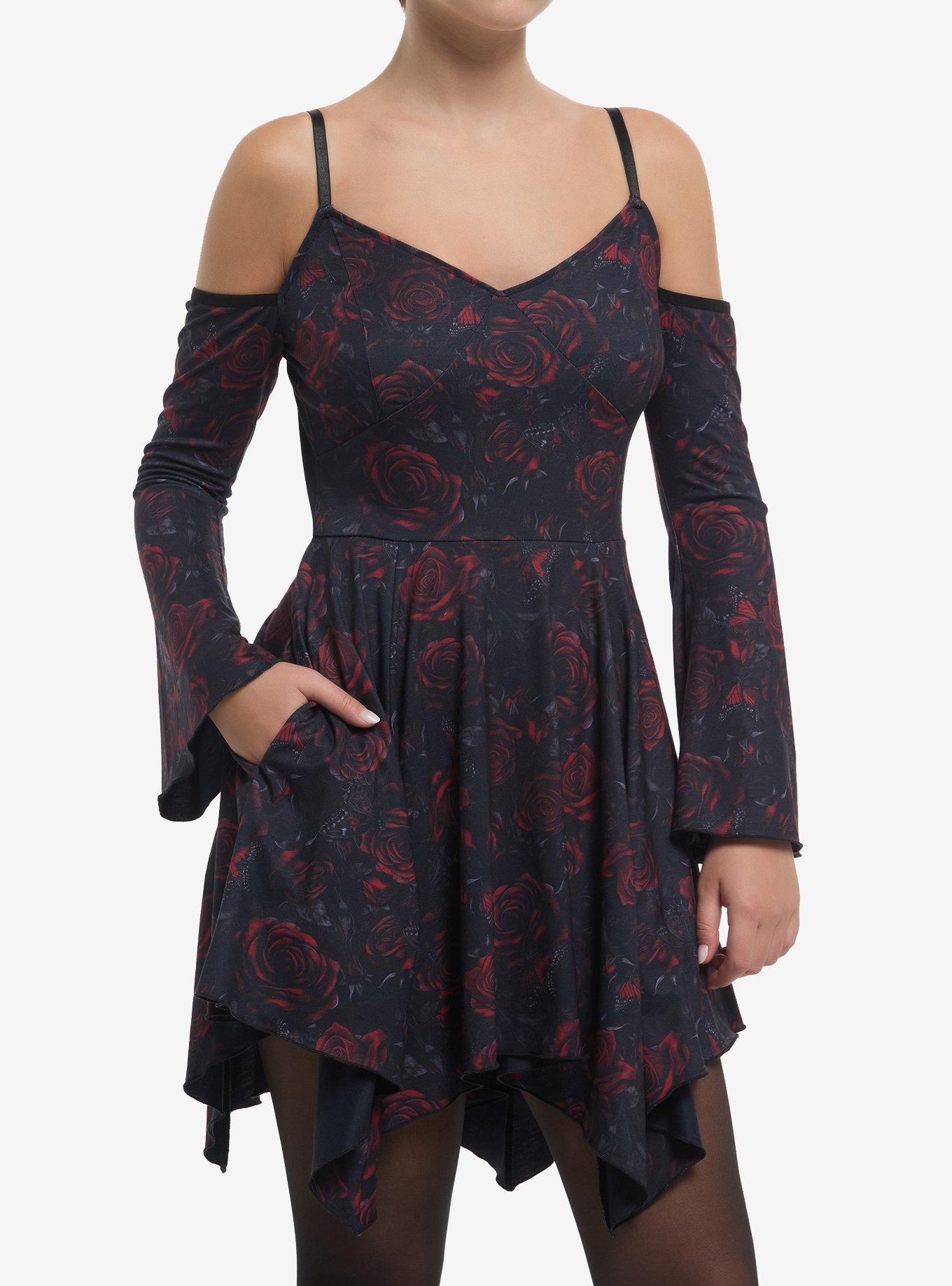 Cosmic Aura Red Rose Cold Shoulder Bell Sleeve Dress, , hi-res