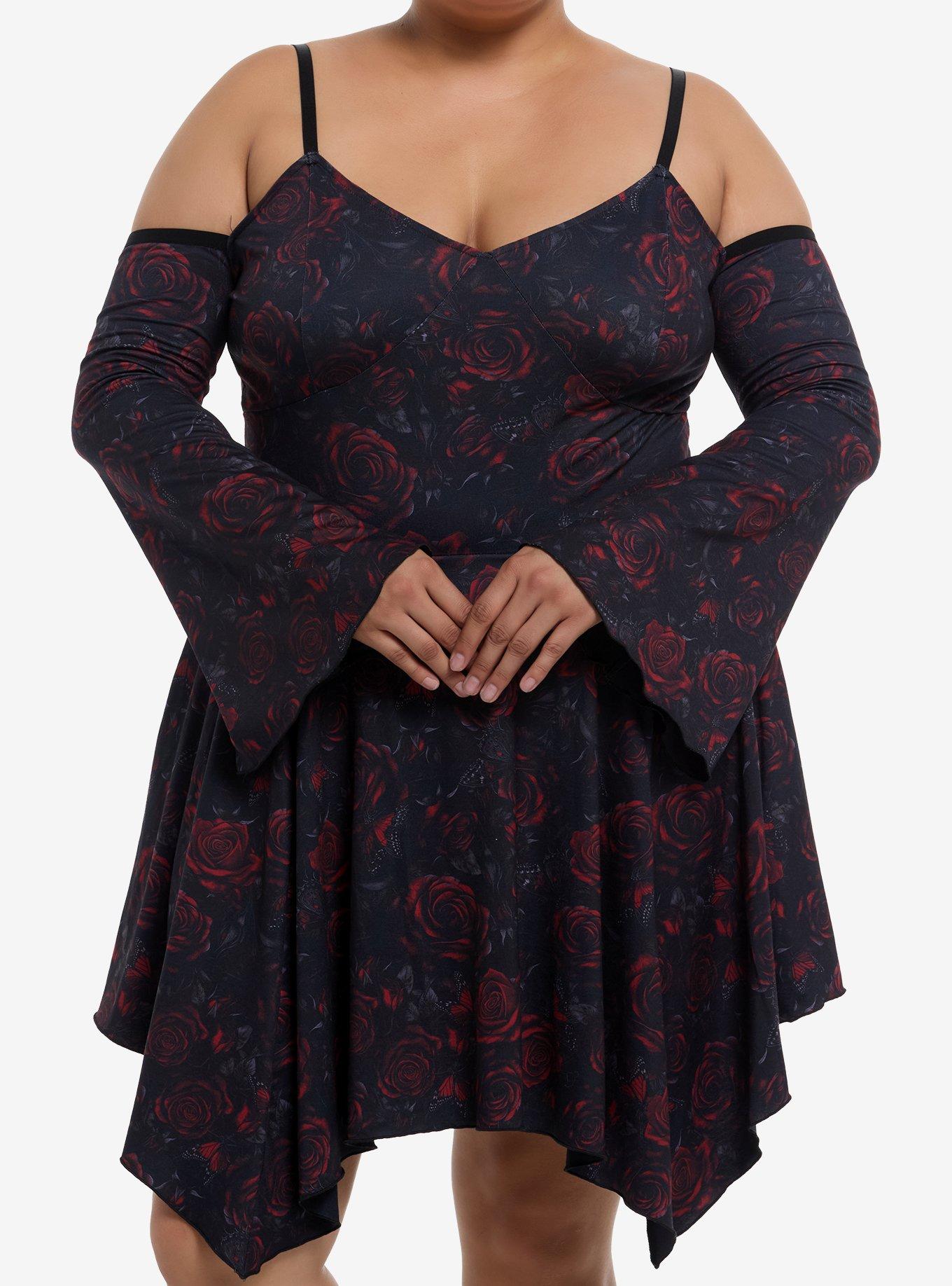 Cosmic Aura Red Rose Cold Shoulder Bell Sleeve Dress Plus Size, , hi-res