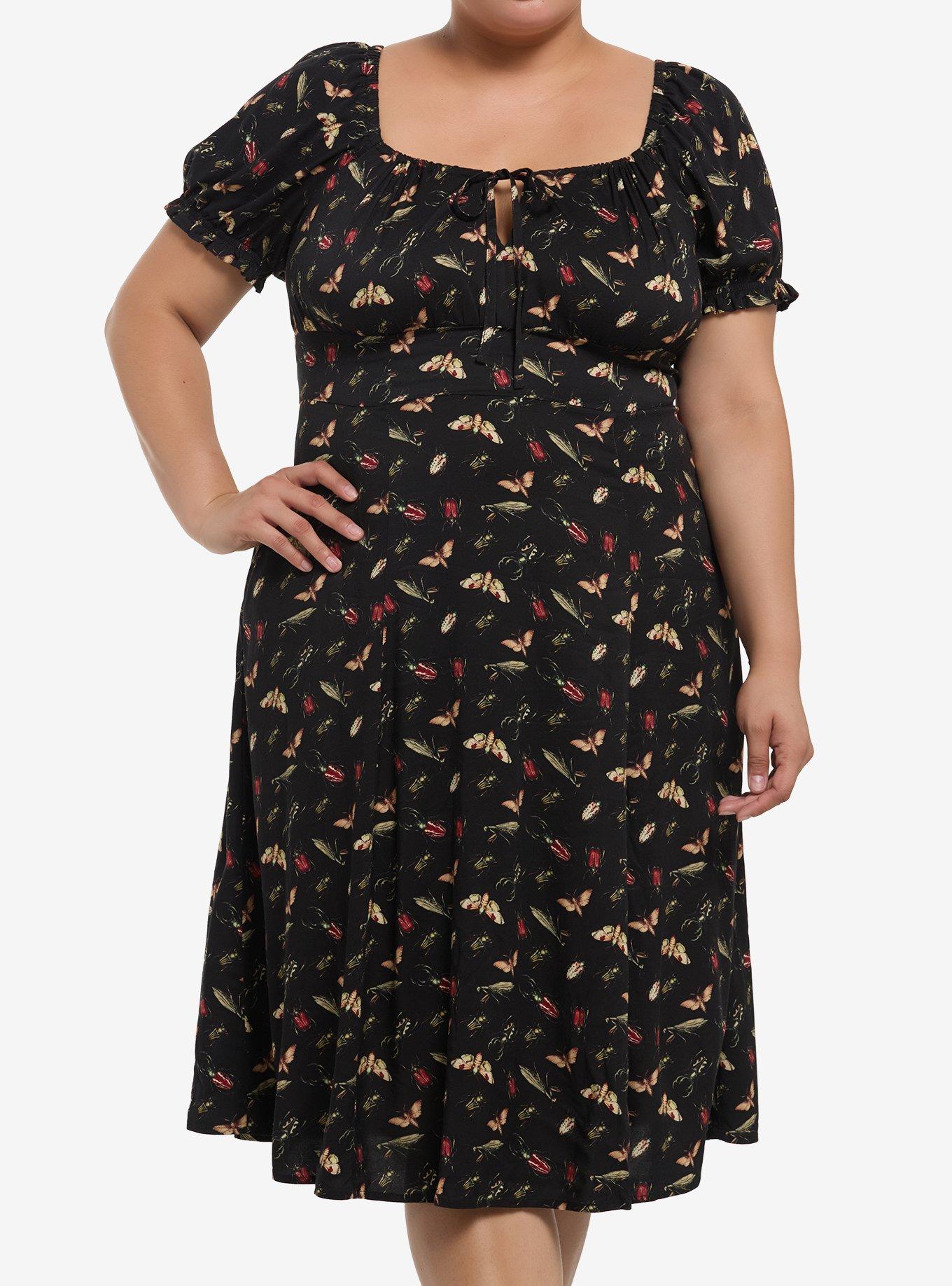 Thorn & Fable Insects Puff Sleeve Midi Dress Plus Size | Hot Topic