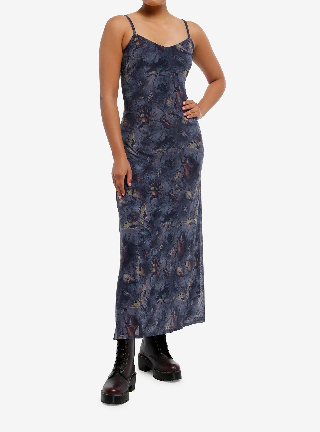 Thorn & Fable Insects Dark Blue Midaxi Slip Dress, BROWN, hi-res