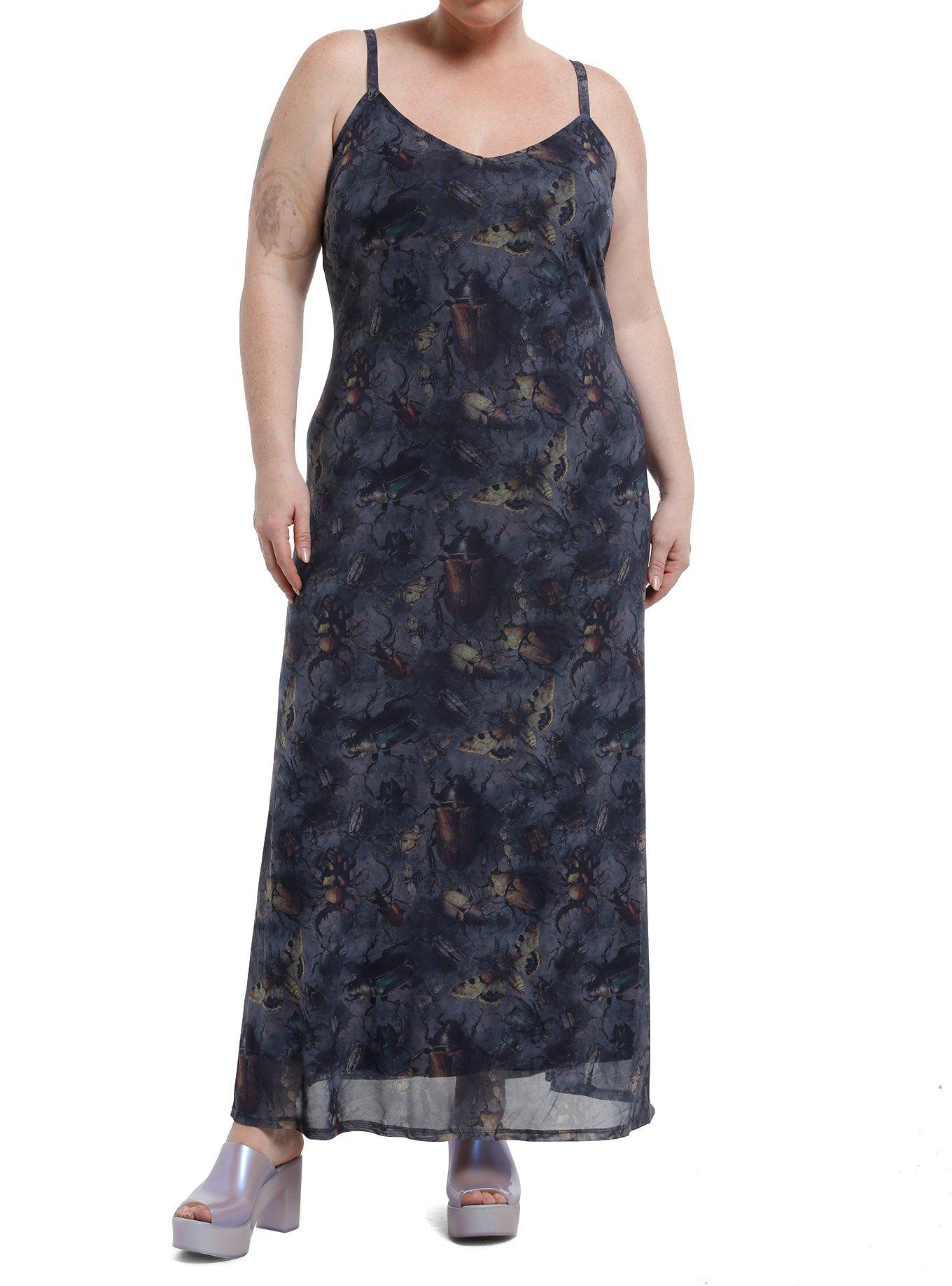 Thorn & Fable Insects Dark Blue Midaxi Slip Dress Plus Size, BROWN, hi-res