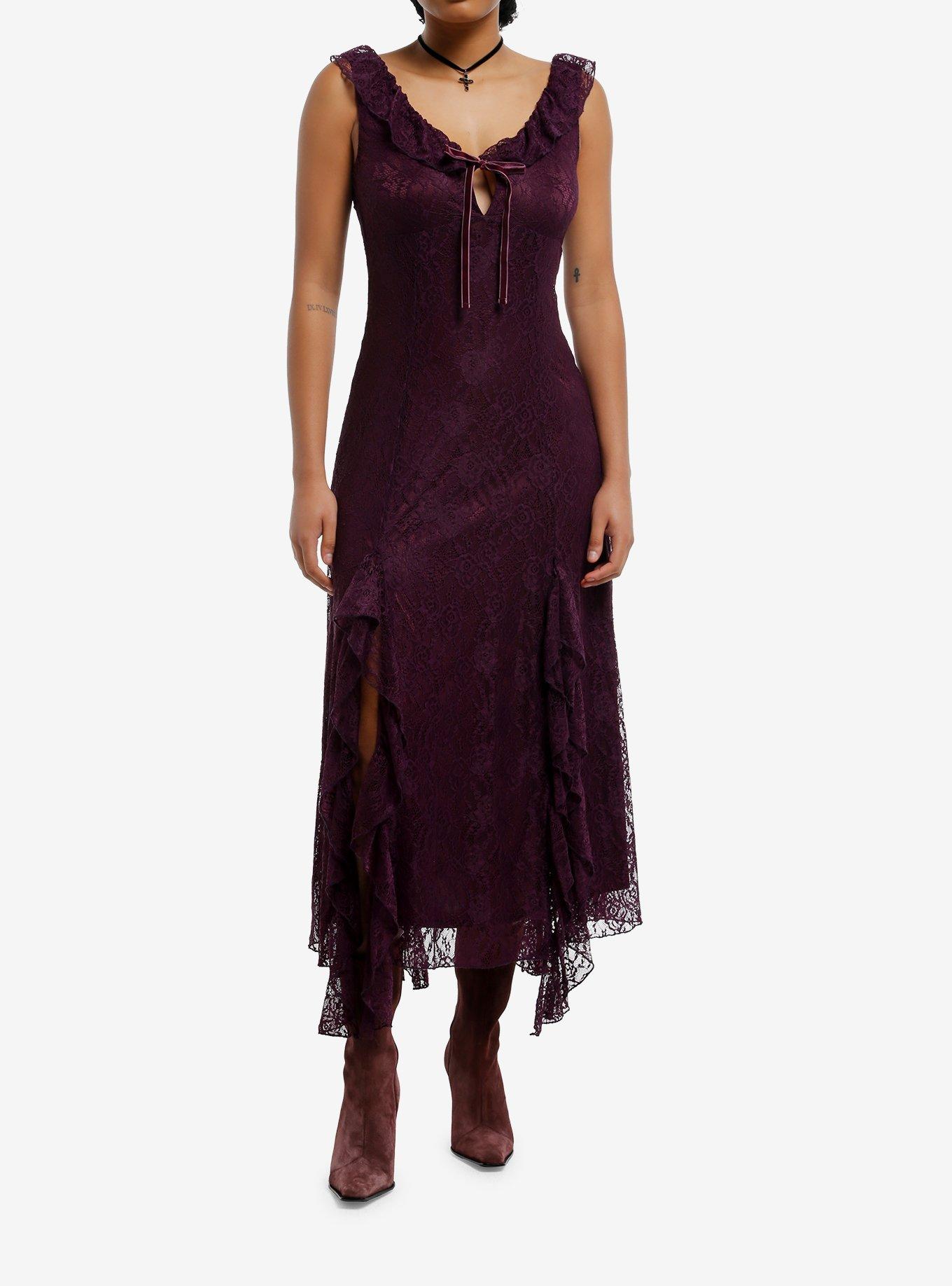 Cosmic Aura Purple Lace Ruffle Slit Maxi Dress, , hi-res