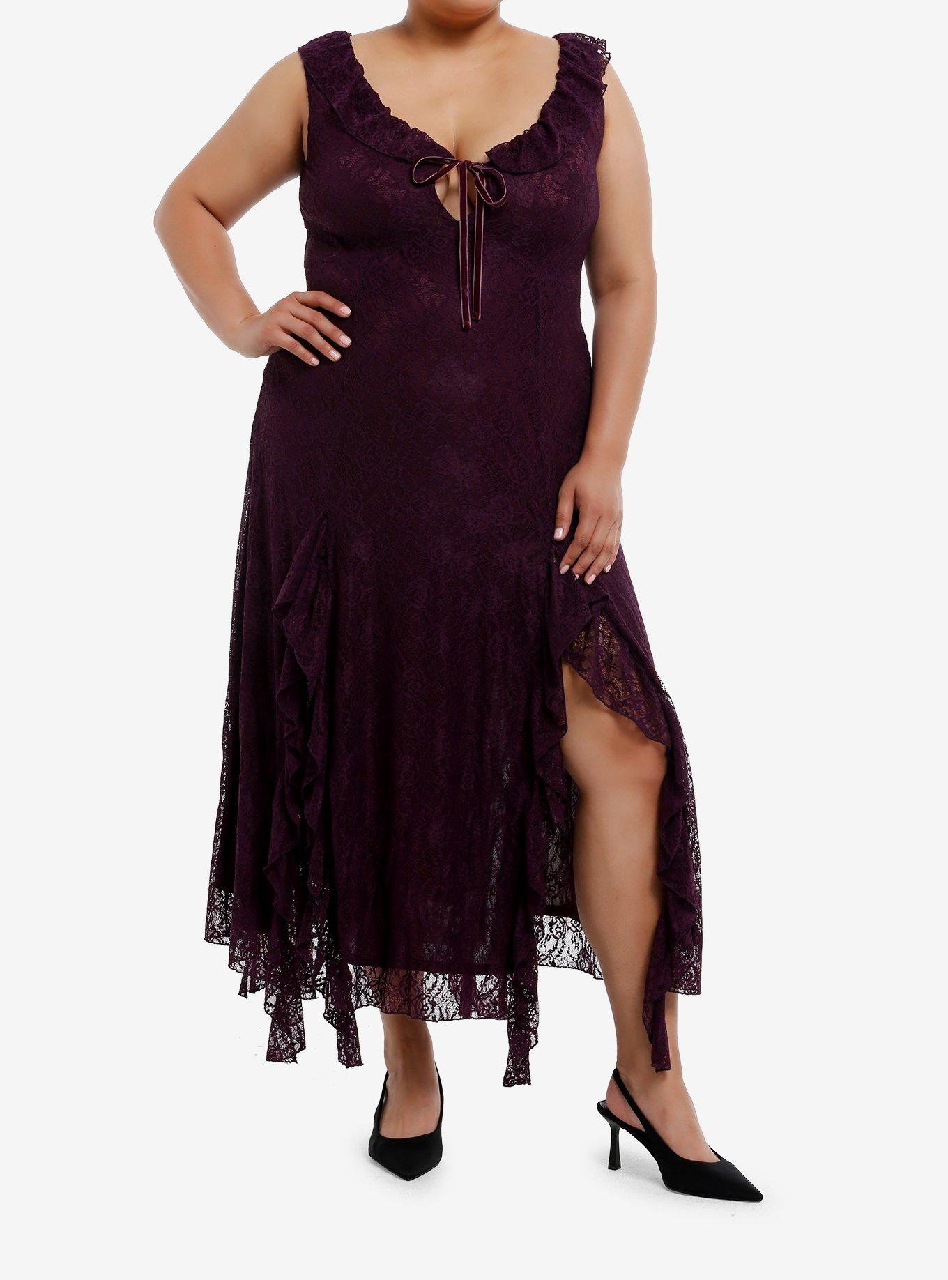 Cosmic Aura Purple Lace Ruffle Slit Maxi Dress Plus Size, , hi-res