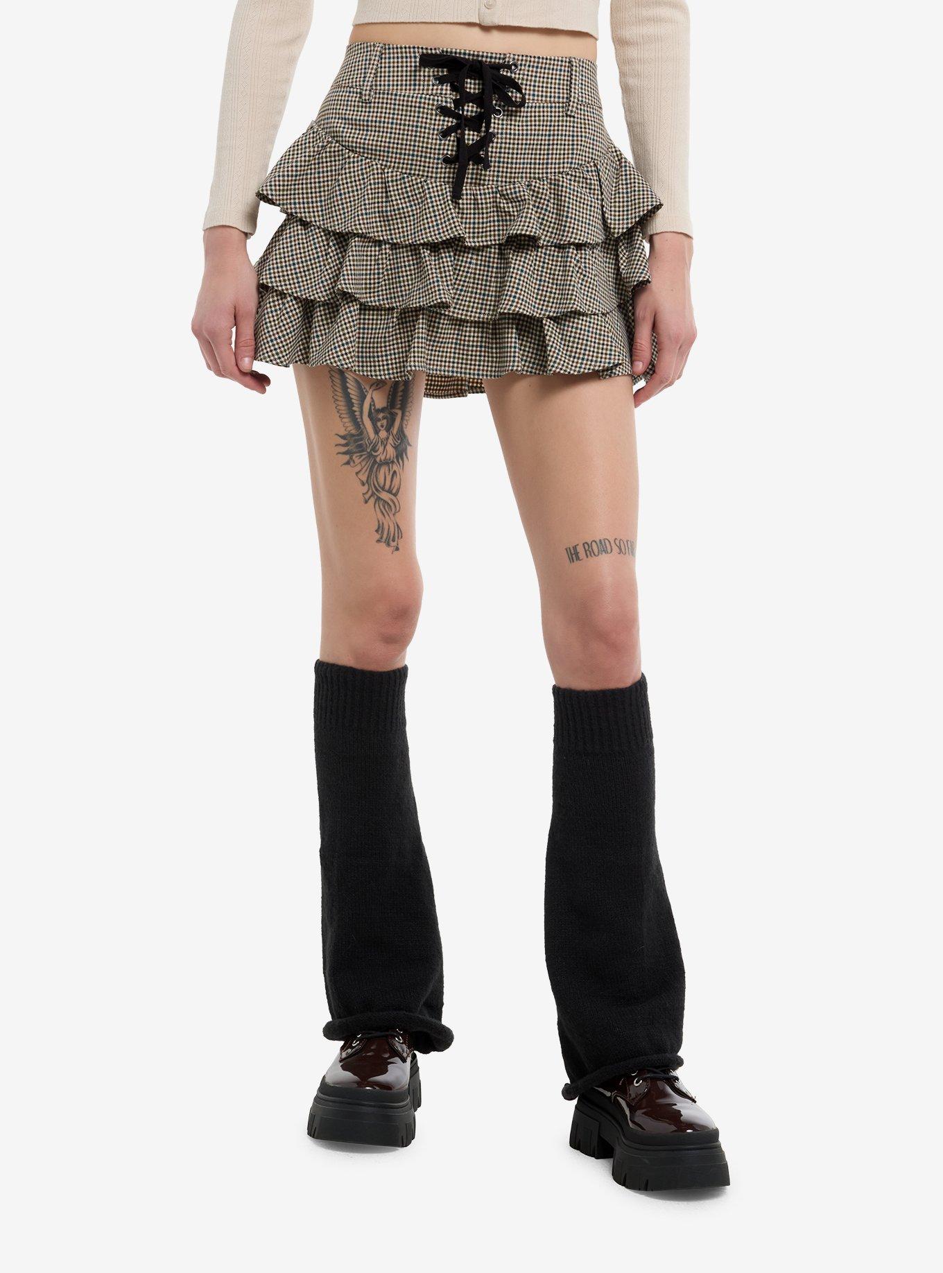 Thorn & Fable Brown & Green Houndstooth Lace-Up Skirt, , hi-res