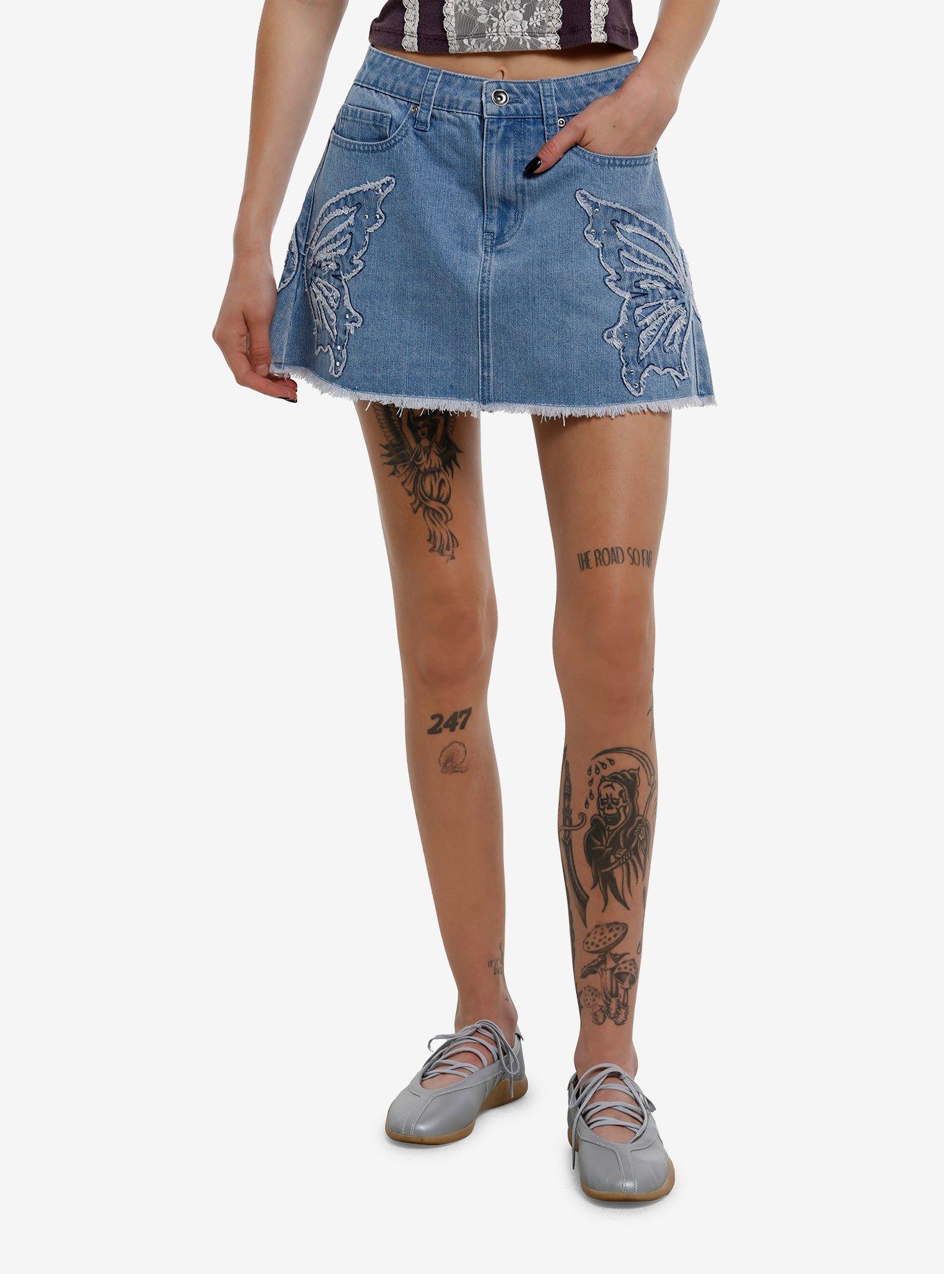 Cosmic Aura Butterfly Rhinestone Denim Mini Skirt, , hi-res