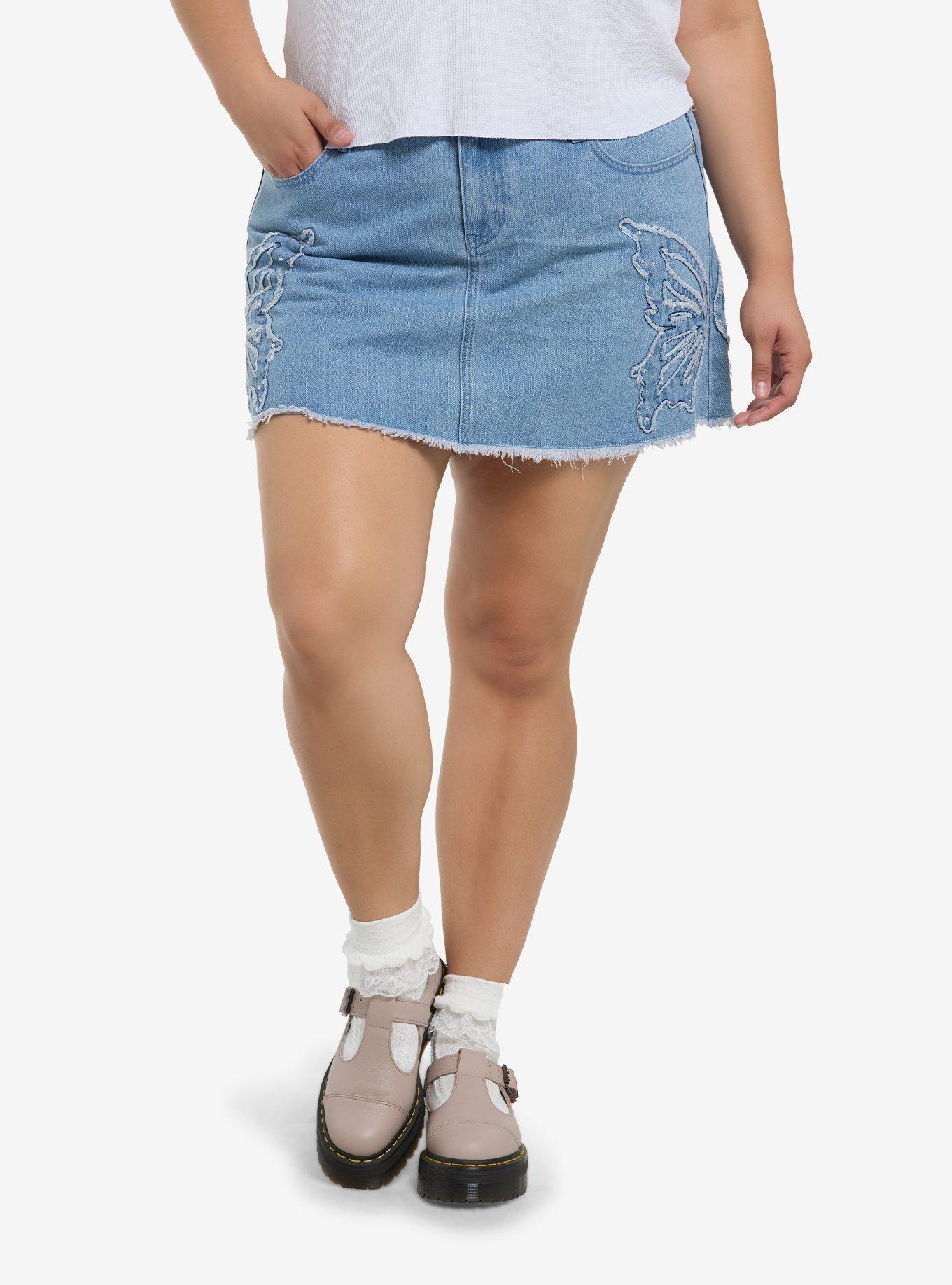 Cosmic Aura Butterfly Rhinestone Denim Mini Skirt Plus Size, , hi-res