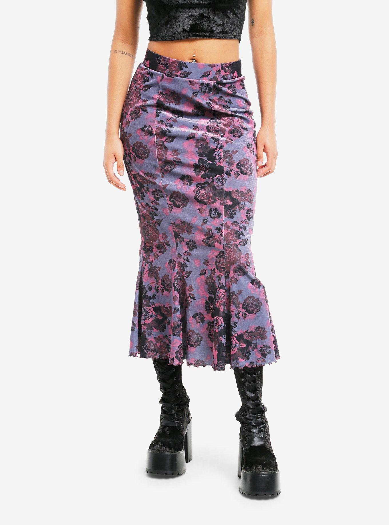 Cosmic Aura Purple & Pink Rose Velvet Mermaid Midi Skirt, , hi-res