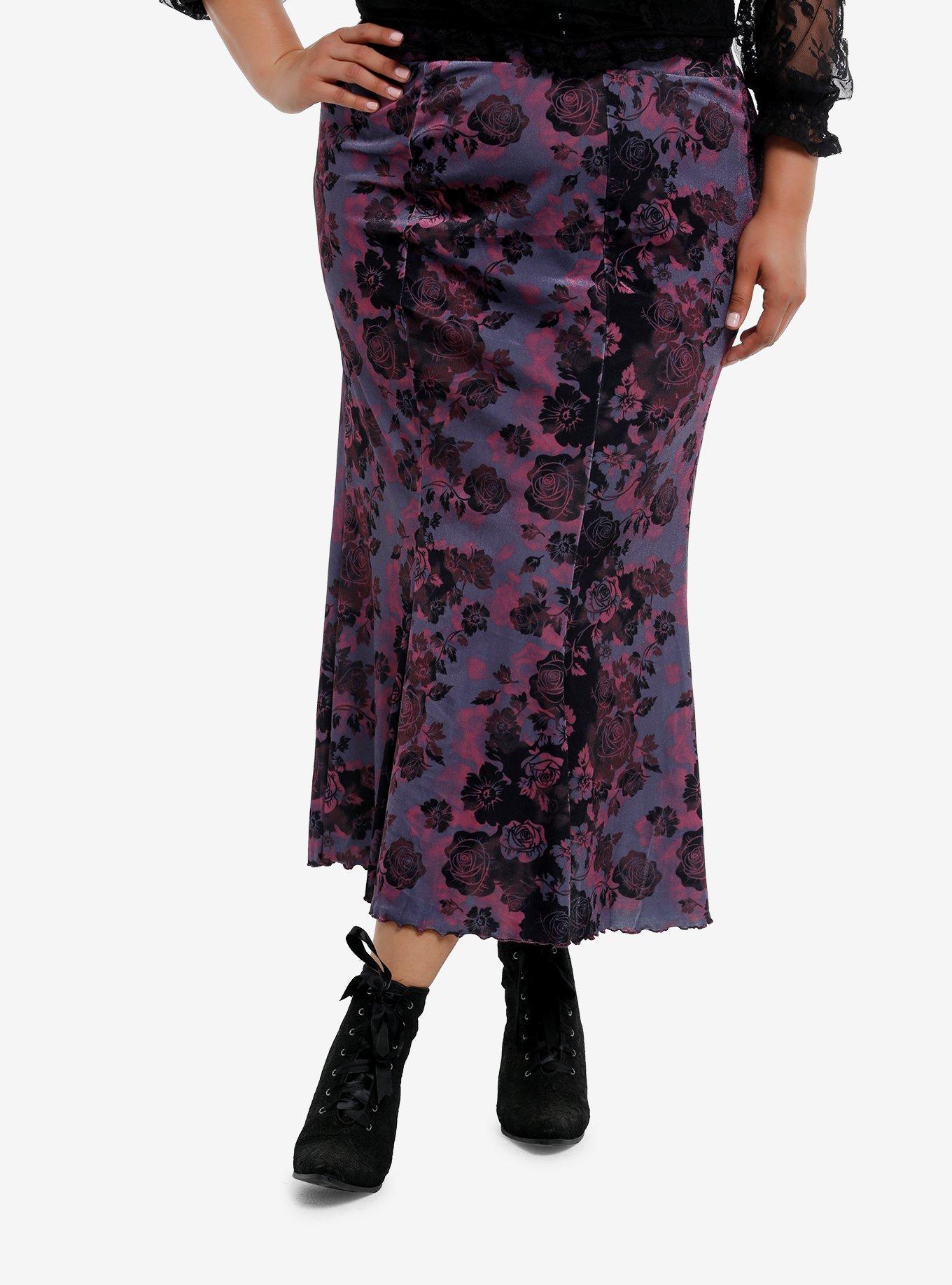 Cosmic Aura Purple & Pink Rose Velvet Mermaid Midi Skirt Plus Size, , hi-res