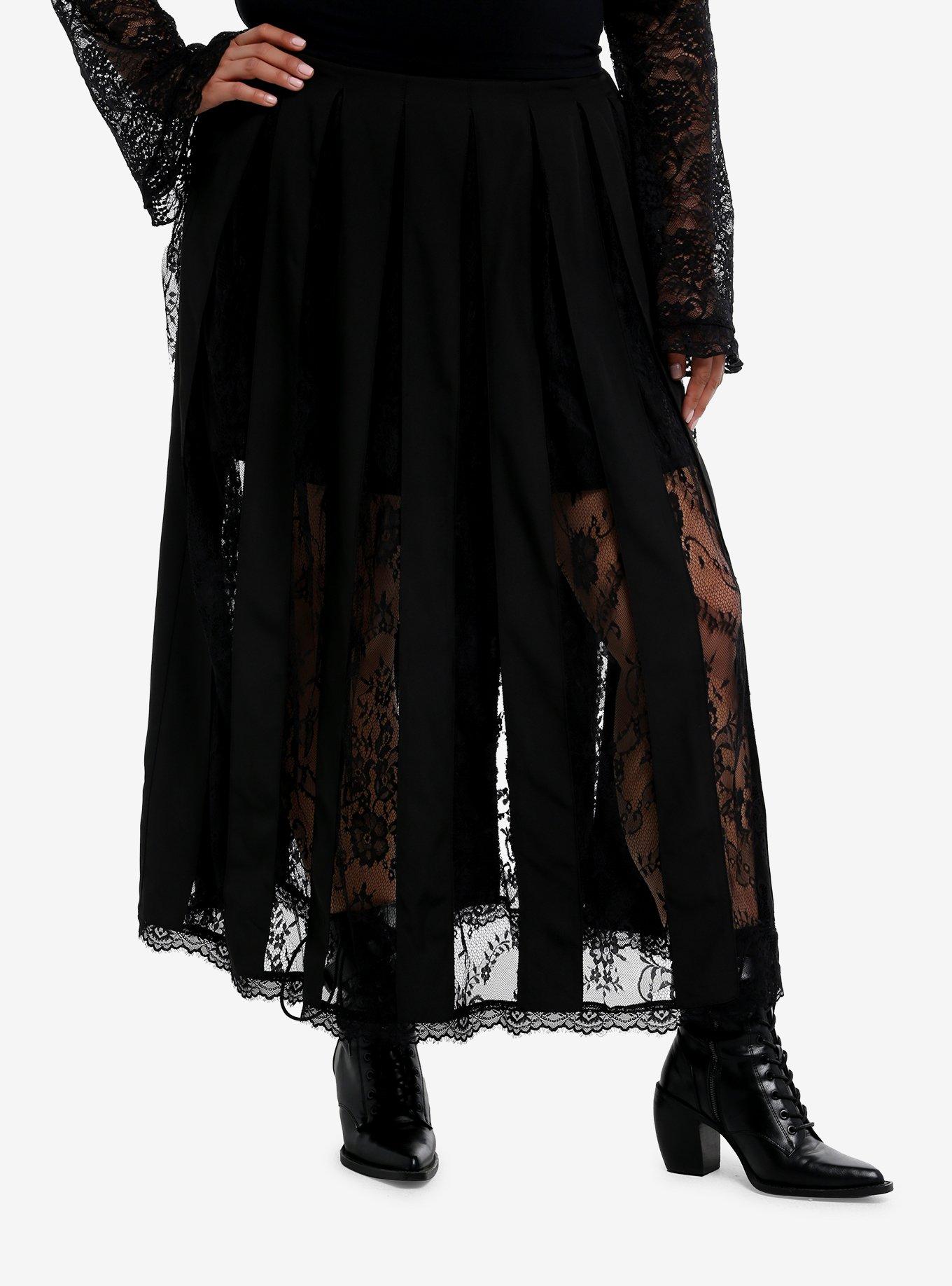 Cosmic Aura Black Lace Panels Midaxi Skirt Plus Size, , hi-res