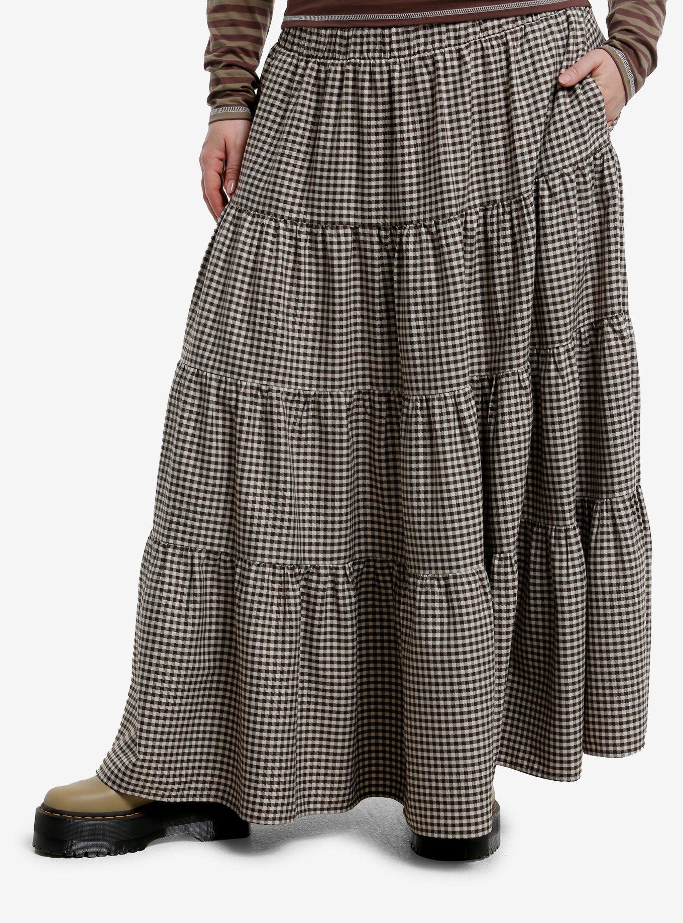 Thorn & Fable Brown Gingham Tiered Midi Skirt Plus Size, BROWN, hi-res