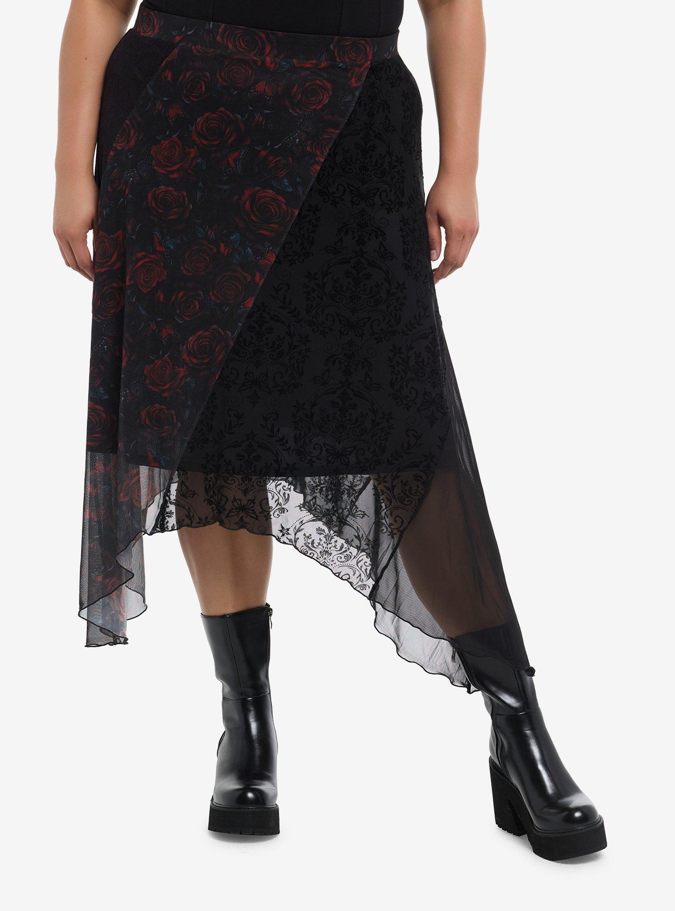 COSMICAURA Cosmic Aura Red Rose Lace Panel Midi Skirt Plus Size