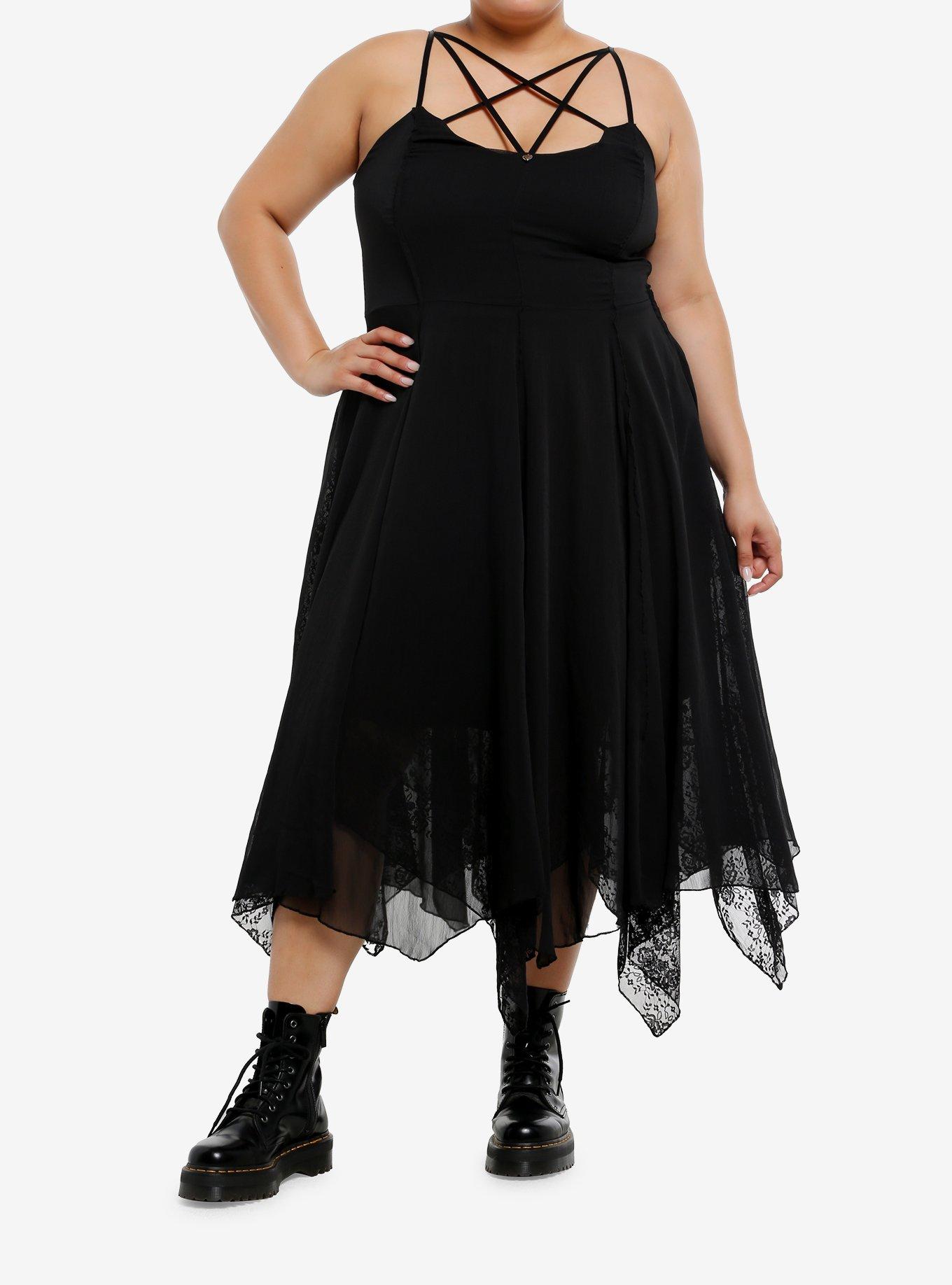 Cosmic Aura Black Strappy Hanky Hem Midaxi Dress Plus Size, , hi-res