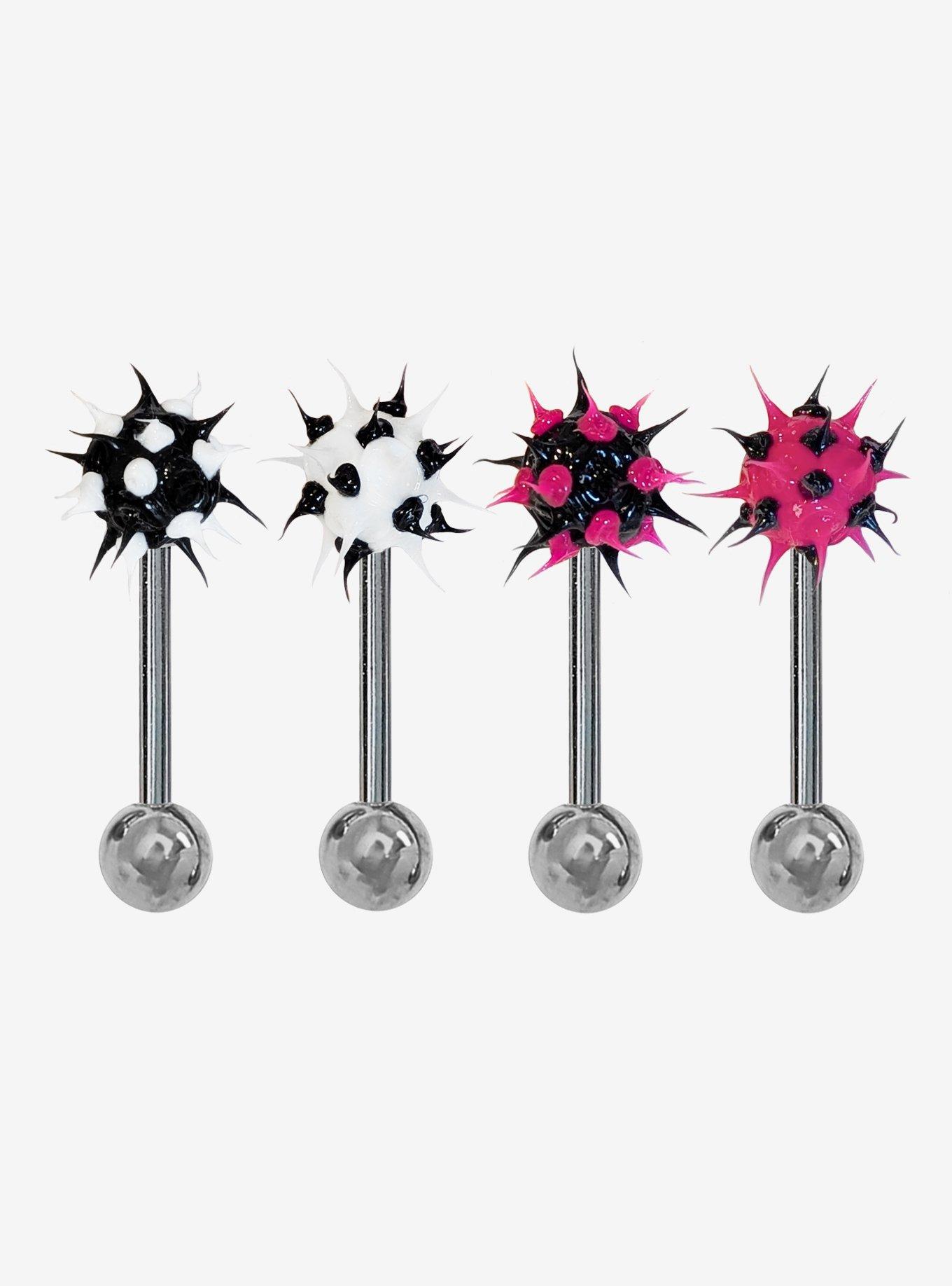Steel Black Pink & White Spike Tongue Barbell 4 Pack, , hi-res