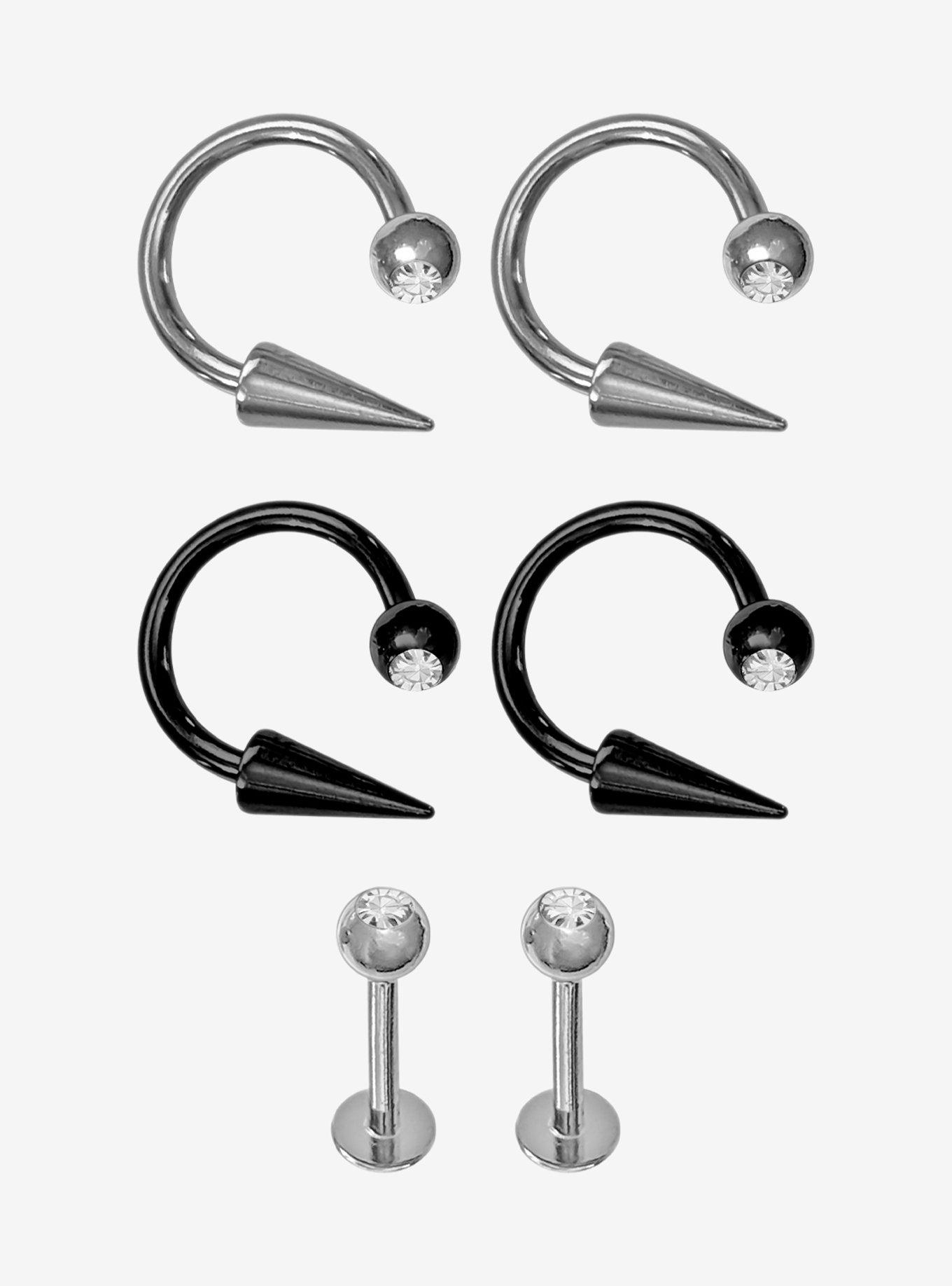 Steel Black & Silver Clear Gem Labret Stud & Circular Barbell 6 Pack, , hi-res