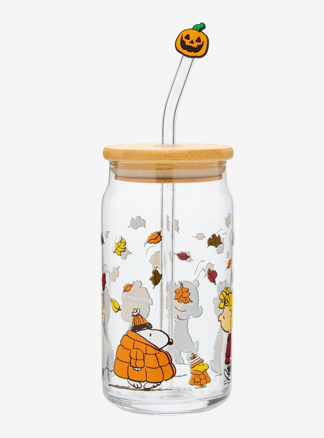 Peanuts Gang Fall Leaves Glass Cup with Straw & Charm, , hi-res