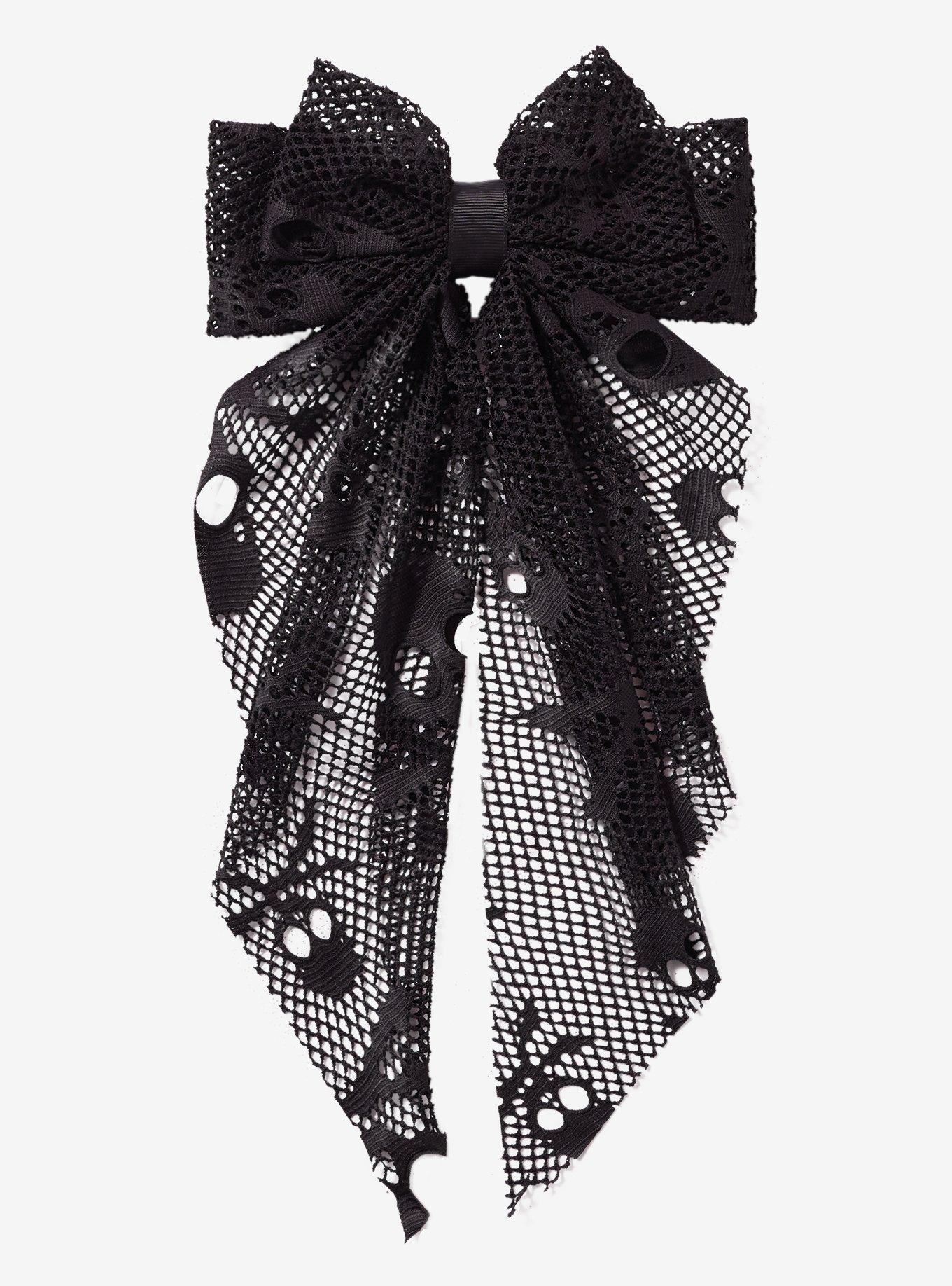 Black Skull Fishnet Hair Bow, , hi-res