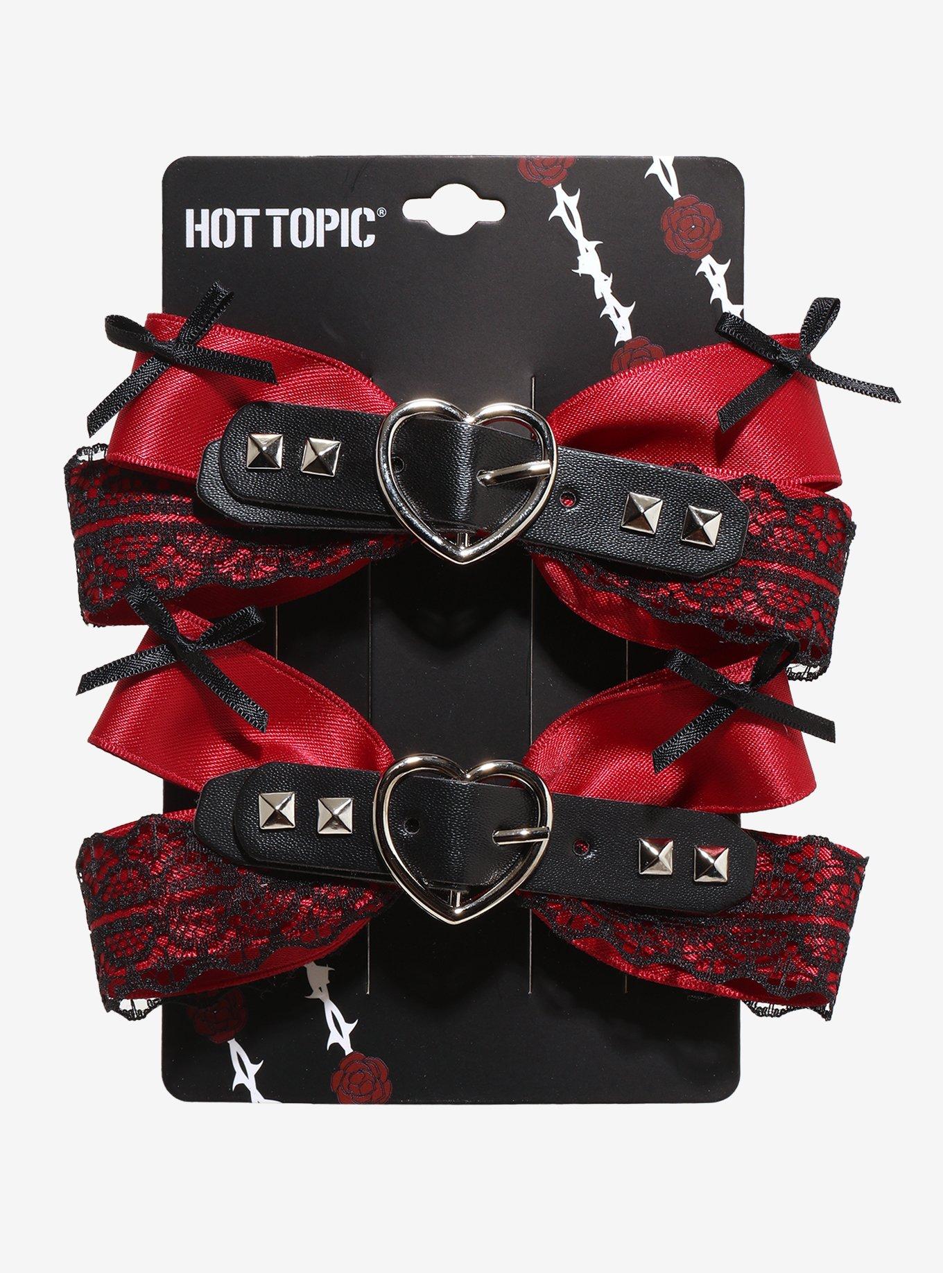 Black & Red Lace Heart Buckle Hair Bow Set, , hi-res