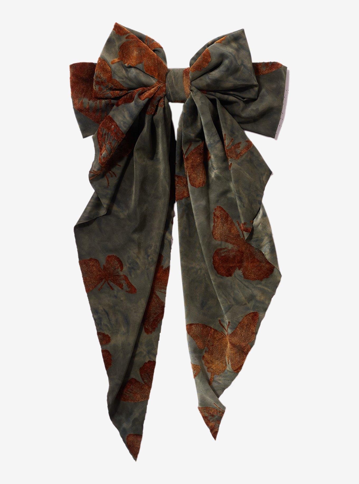 Thorn & Fable Olive & Brown Butterfly Velvet Hair Bow, , hi-res