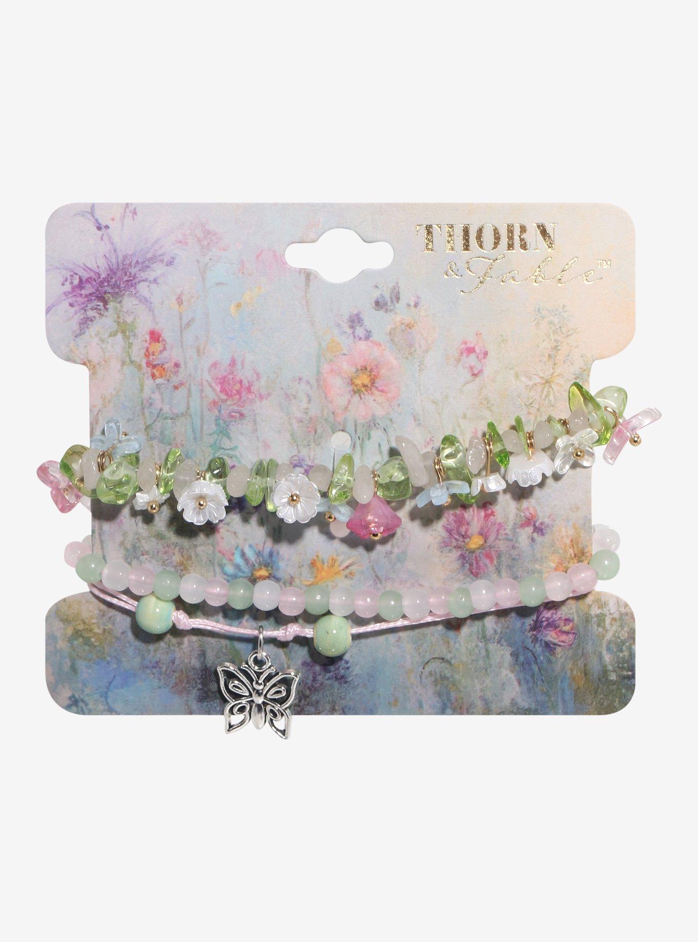 Thorn & Fable Pink Green Floral Cord Bracelet Set, , hi-res