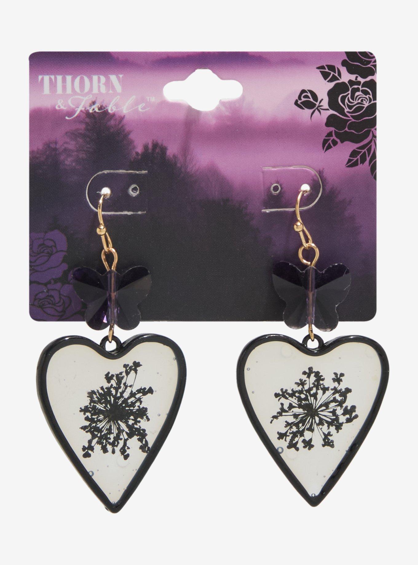 Thorn & Fable Black Pressed Flower Heart Drop Earrings, , hi-res