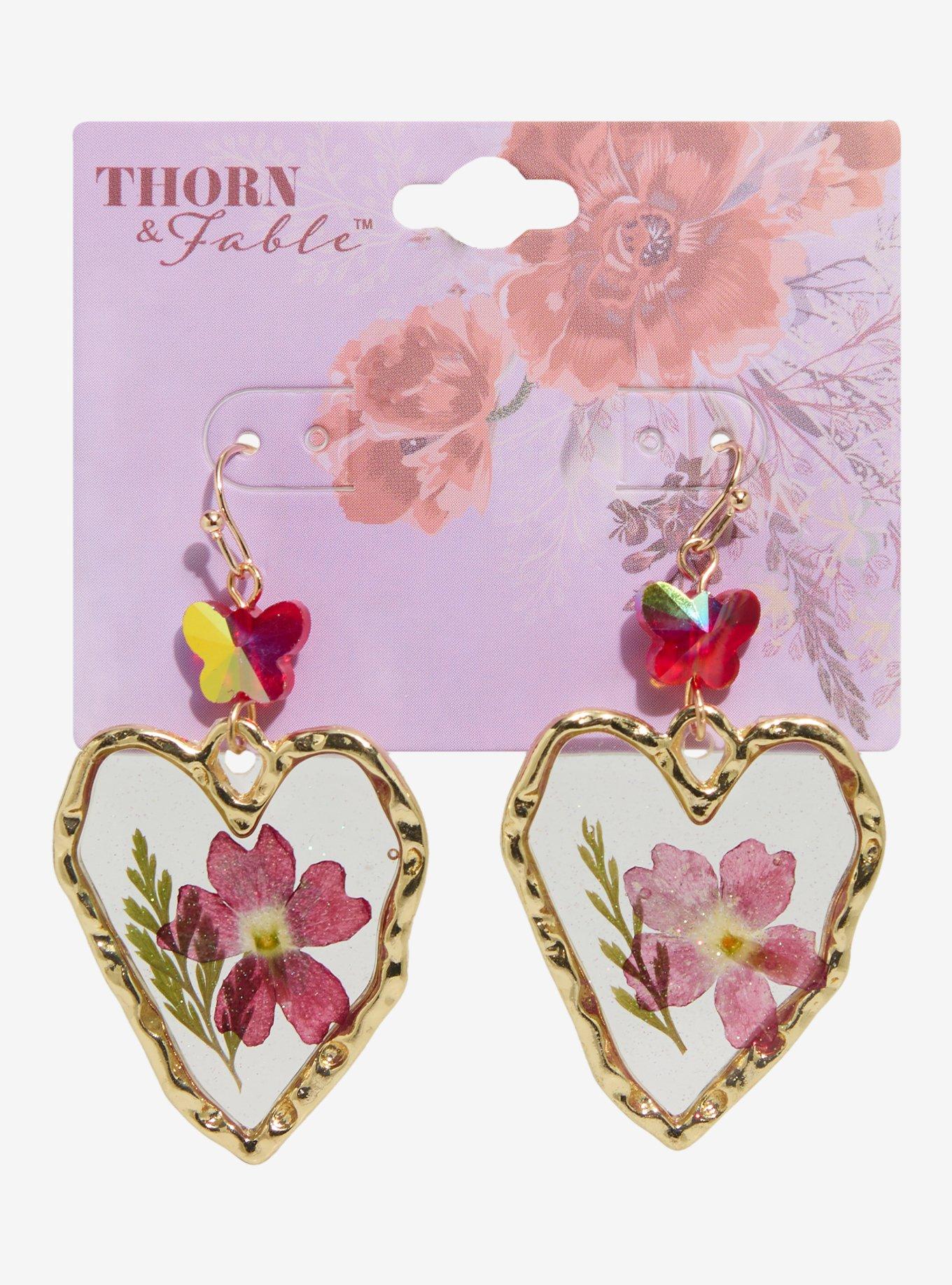Thorn & Fable Pressed Flower Heart Drop Earrings, , hi-res