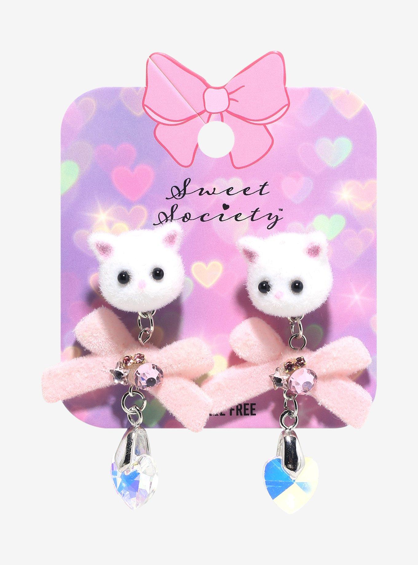 Sweet Society Flocked Kitty Bow Earrings, , hi-res