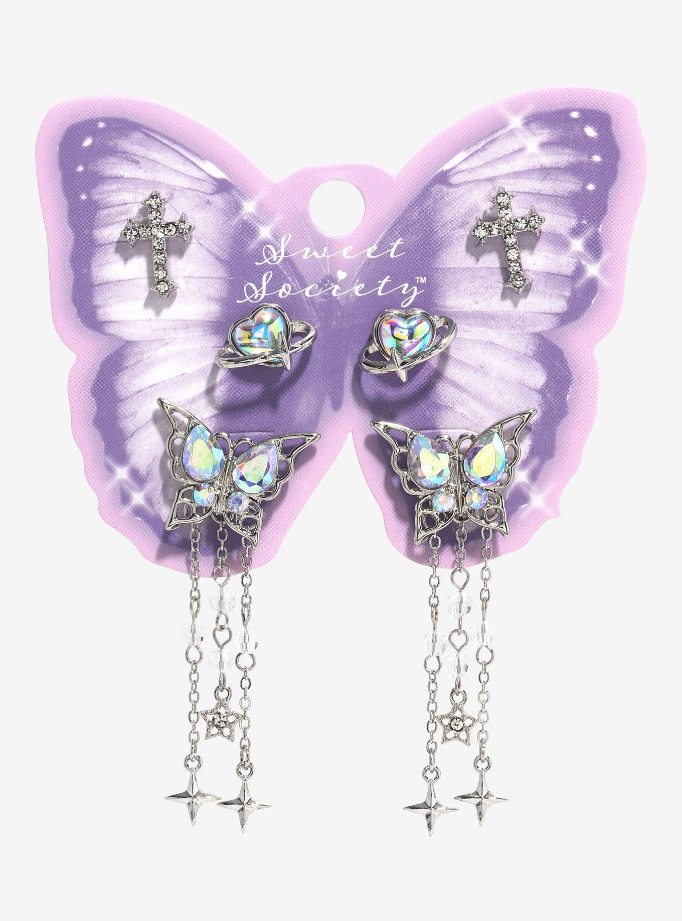 Sweet Society Bling Butterfly Heart Earring Set, , hi-res