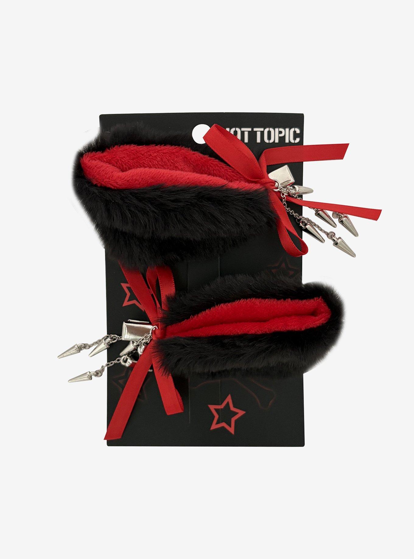 Black & Red Spike Chain Fuzzy Cat Ear Hair Clips, , hi-res