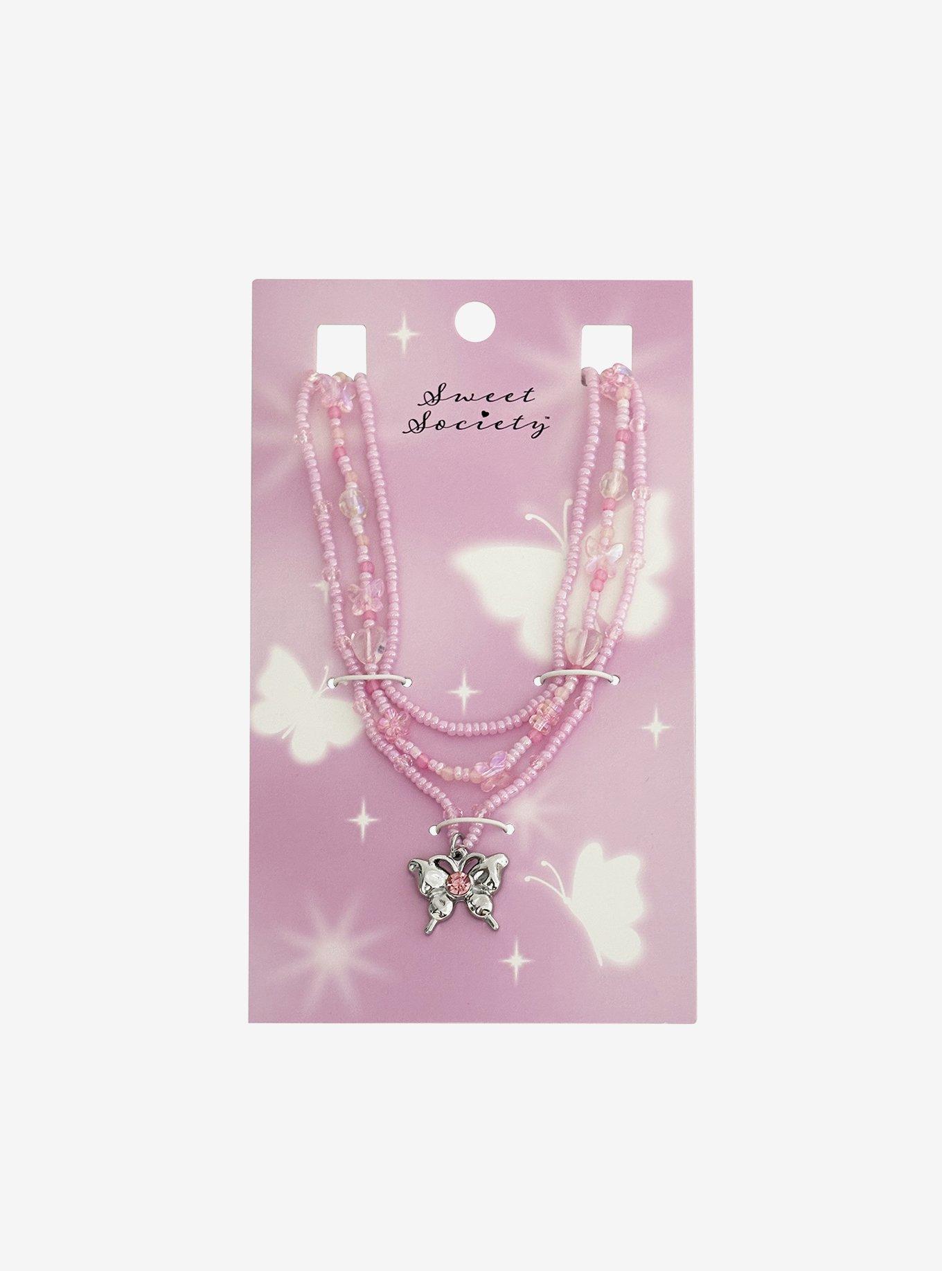 Sweet Society Pink Beaded Butterfly Necklace Set, , hi-res