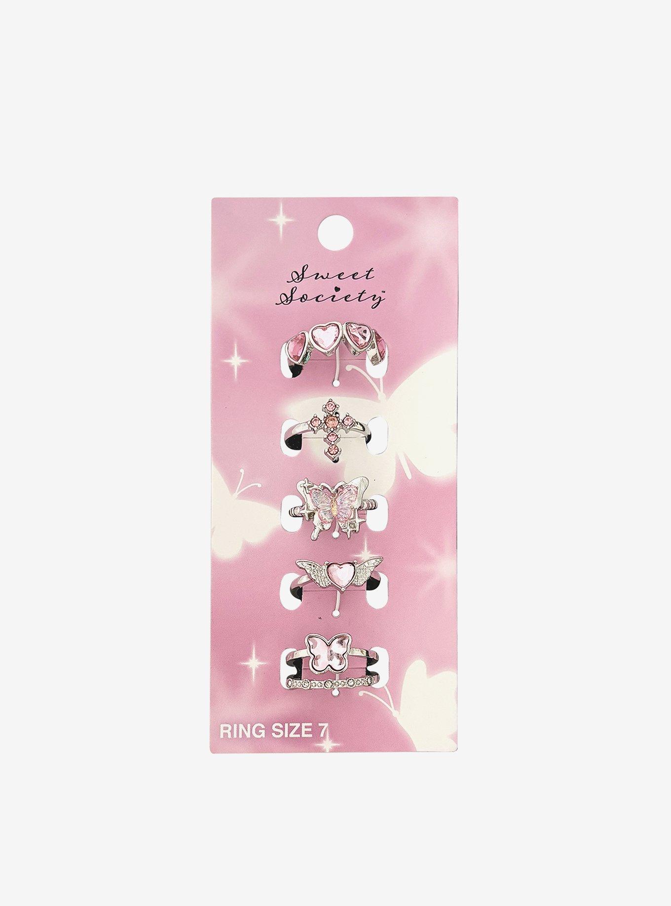 Sweet Society Pink Gem Heart Butterfly Ring Set, , hi-res